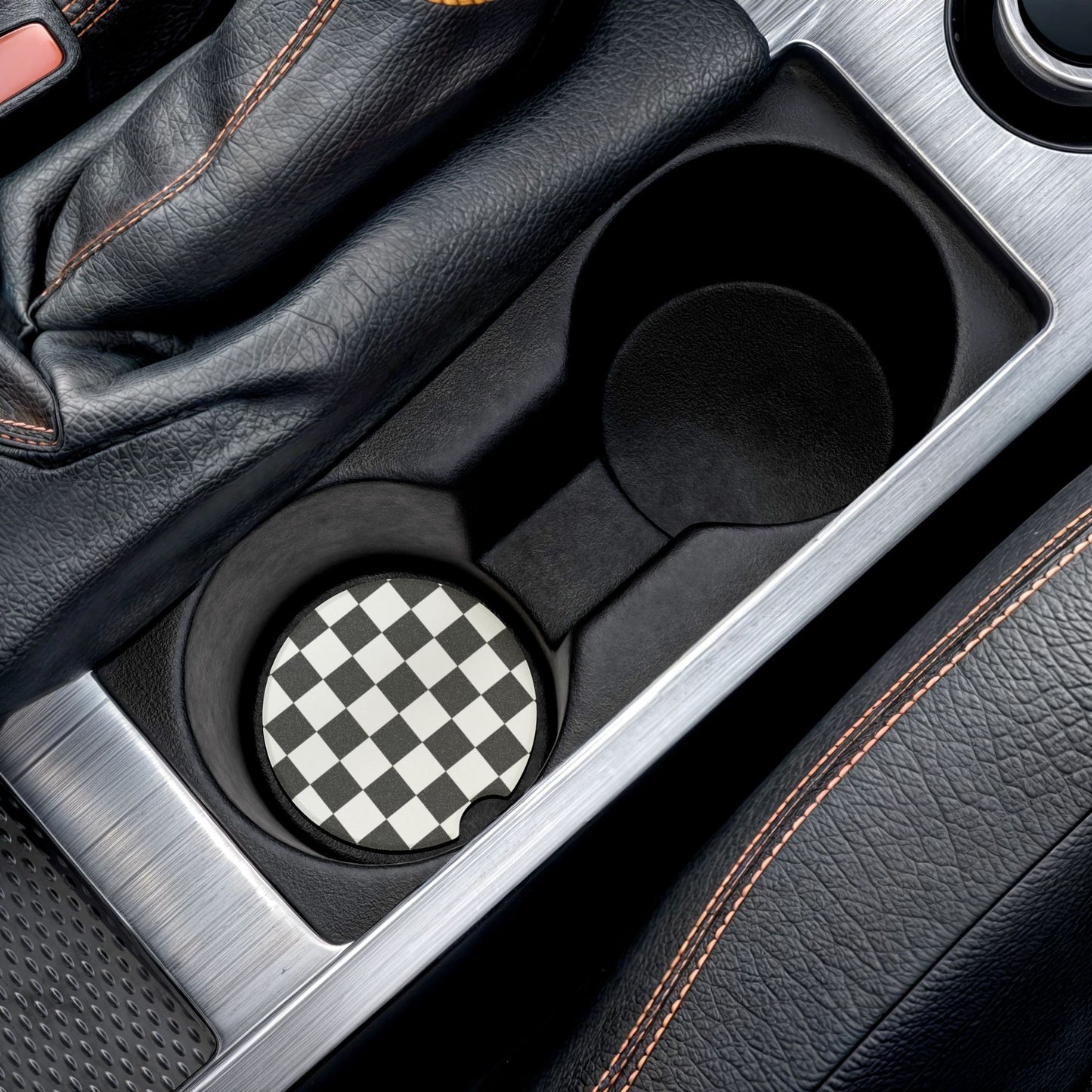 Checkerboard Soapstone Car Coaster — Black & White Racing Grid Car Cup Holder Insert