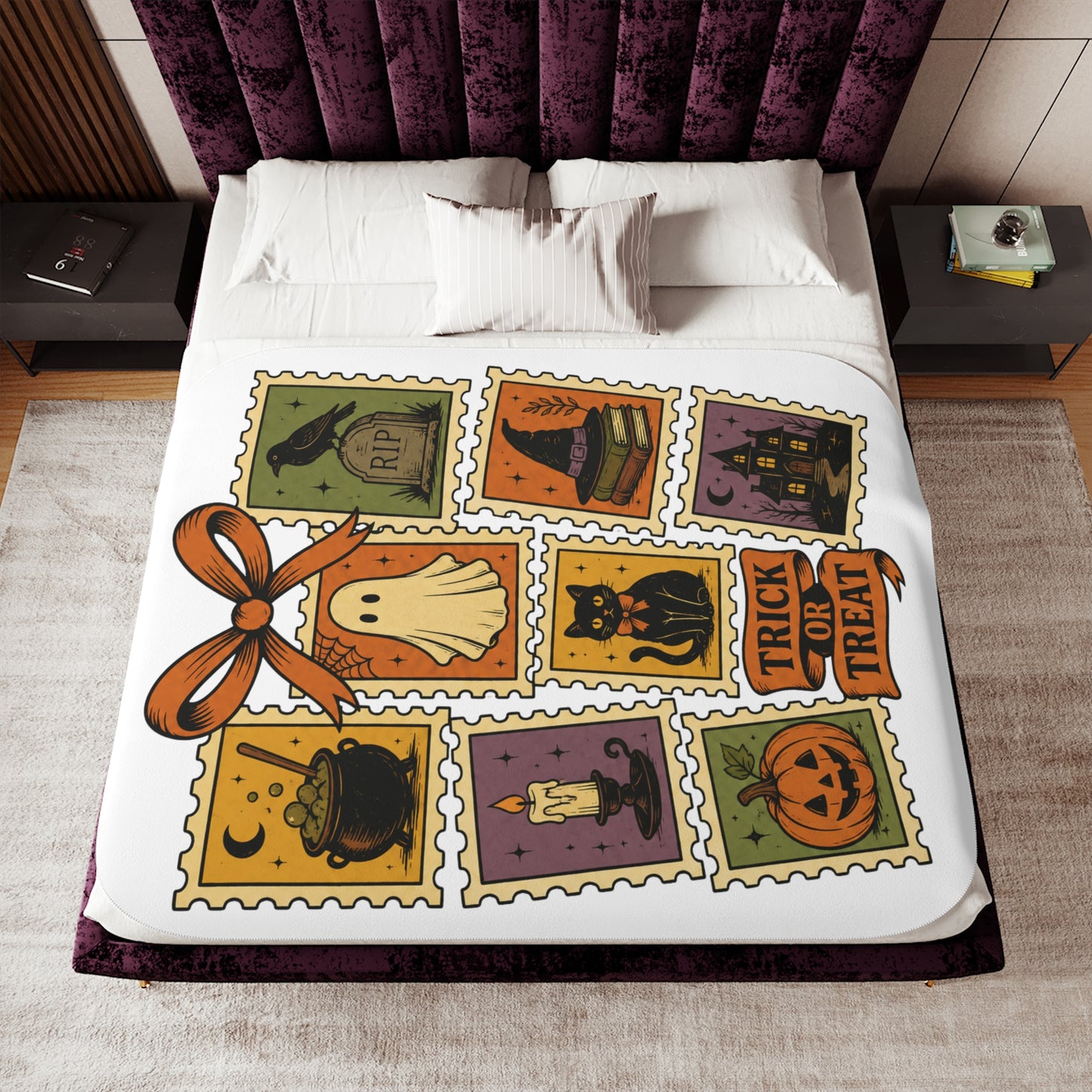 Halloween Stamp Sherpa Blanket – Trick or Treat Cozy Throw
