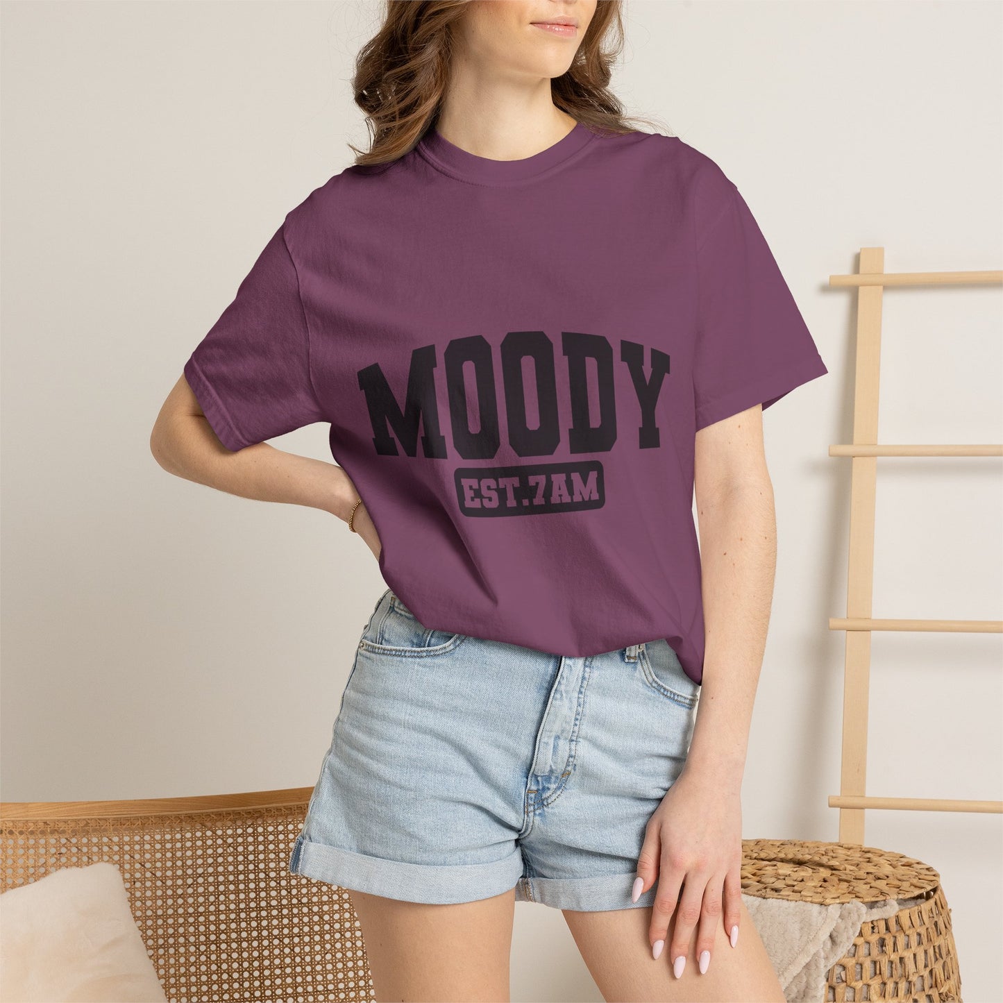 Moody EST. 7AM T-Shirt — Casual Graphic Tee for Coffee Lovers & Night Owls