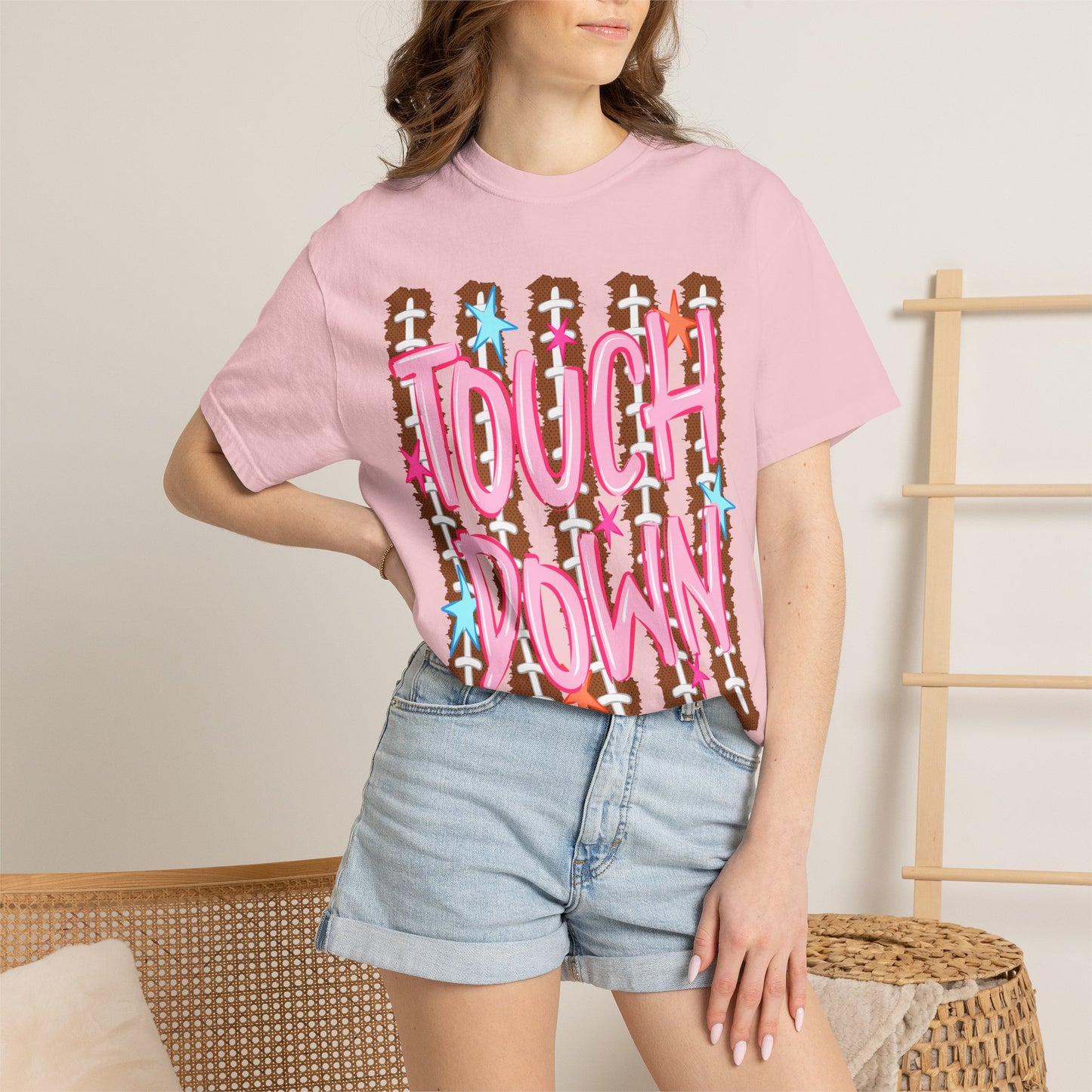 Touchdown Football Tee — Pink Script on Football Stitch Background