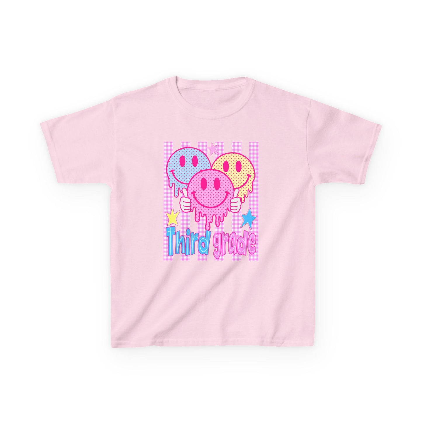 Third Grade Smiley Balloons Kids T‑Shirt — Cute Drippy Neon Design