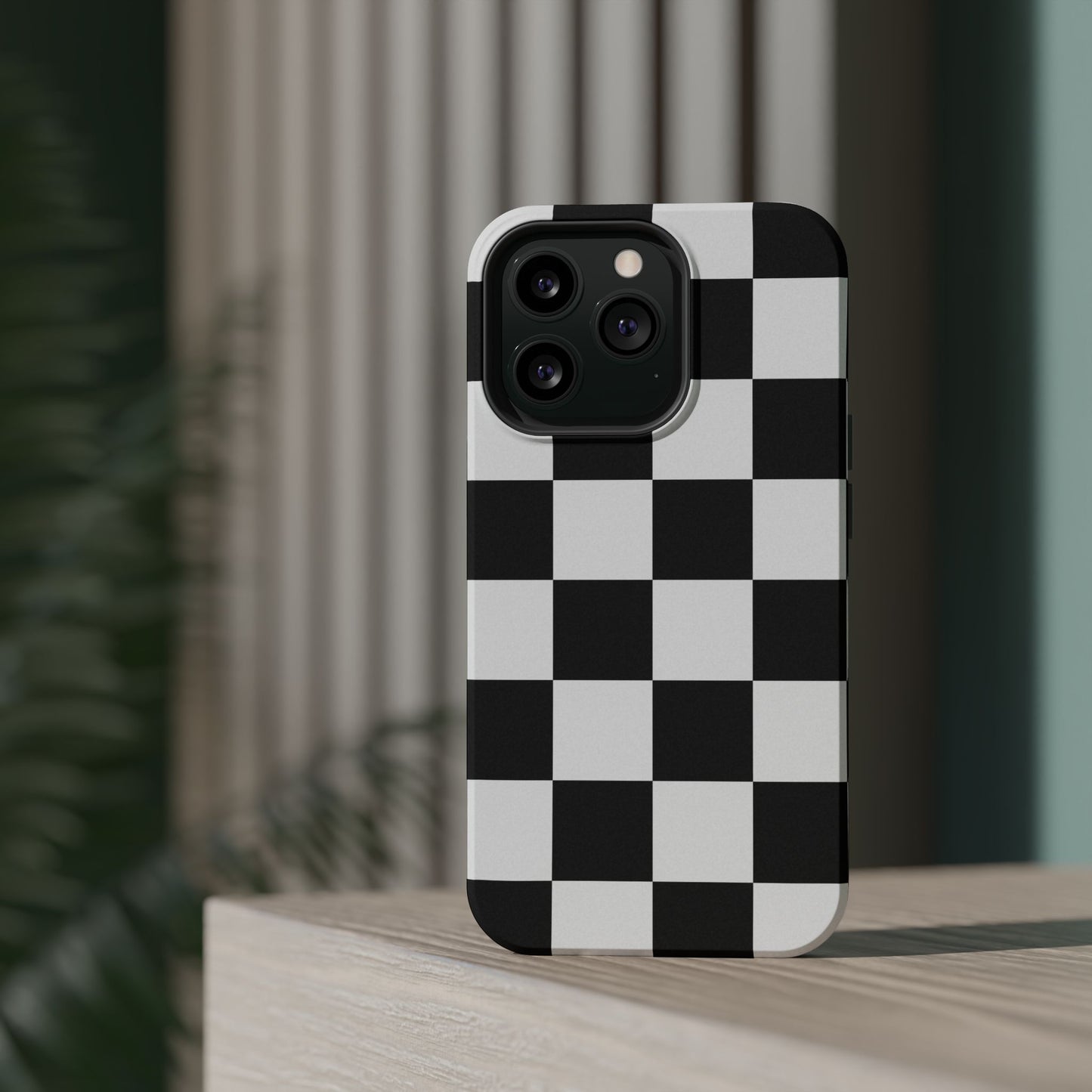Black & White Checkered Magnetic Impact Phone Case — Shockproof, Wireless Charging Compatible