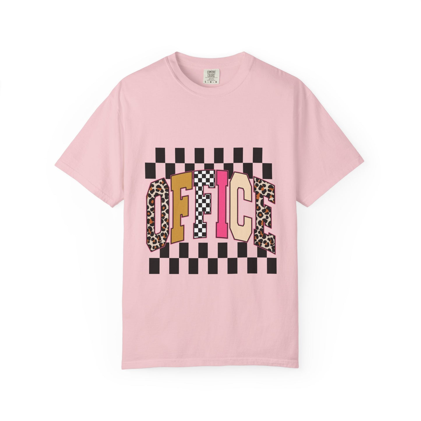 Office Checkerboard Graphic T-Shirt — Colorful Leopard & Retro Lettering