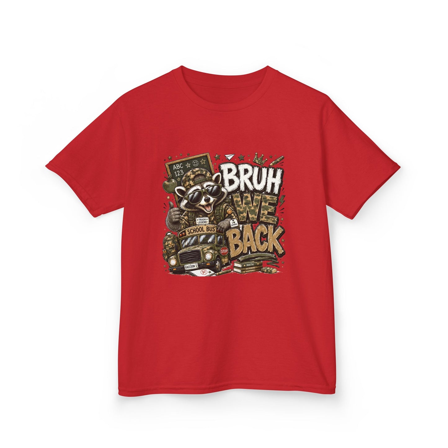Kids Tee — "Bruh We Back" Cartoon Raccoon School Bus Graphic