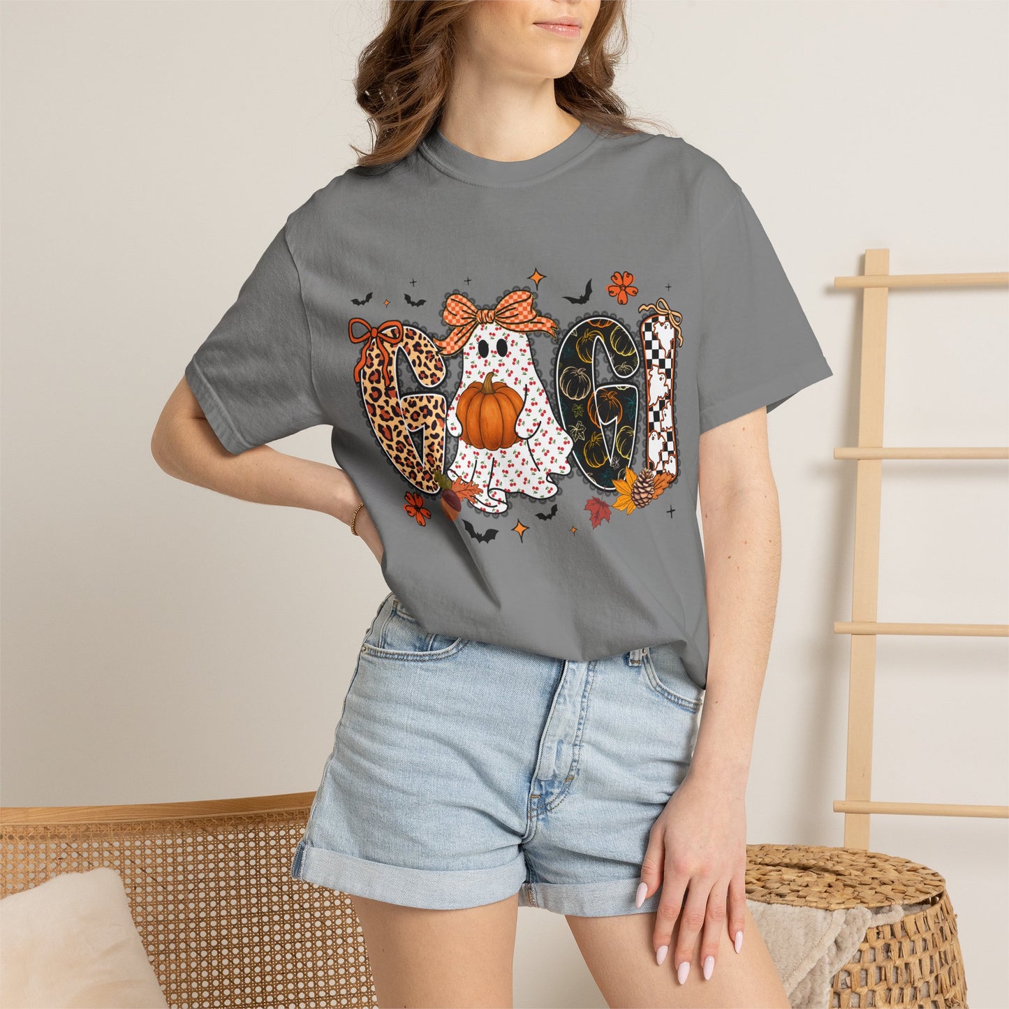 Halloween "Gigi" T-Shirt — Pumpkin, Leopard & Mask Fall Tee