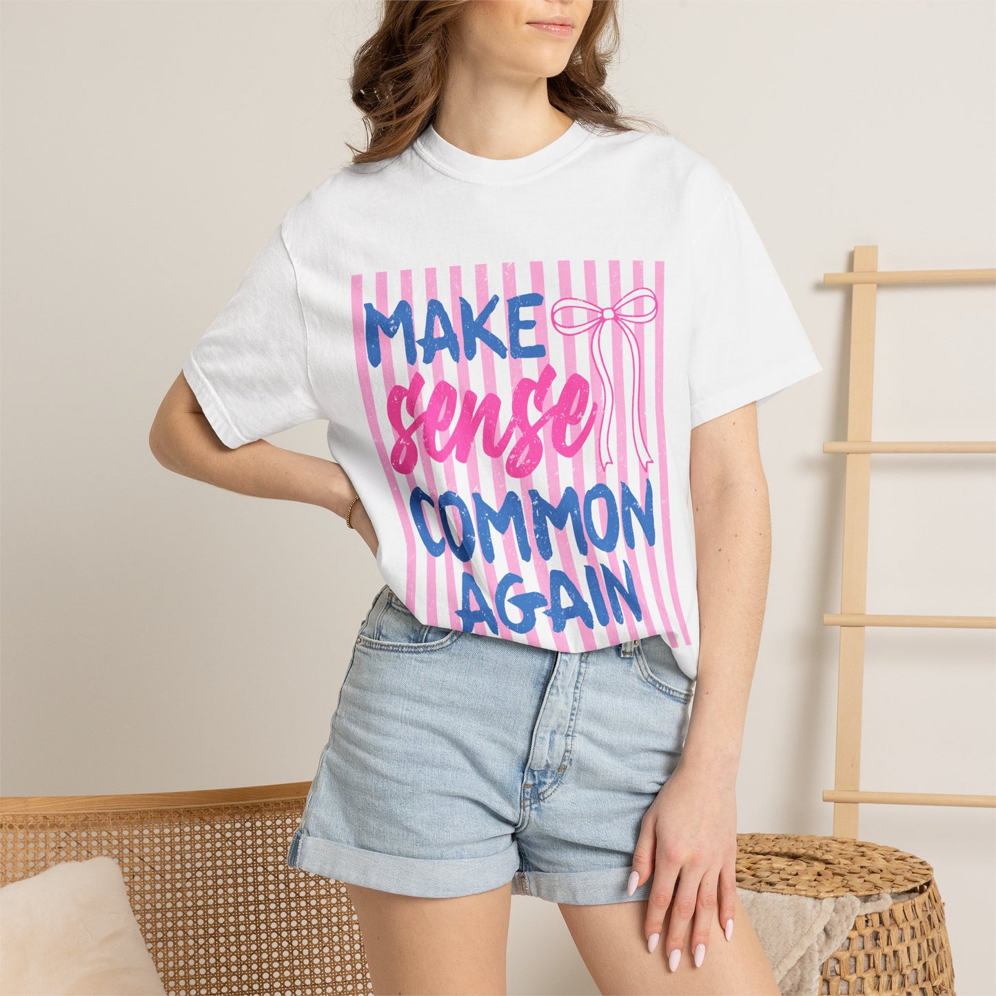 Make Sense Common Again T-Shirt — Feminine Pink Stripe Graphic Tee