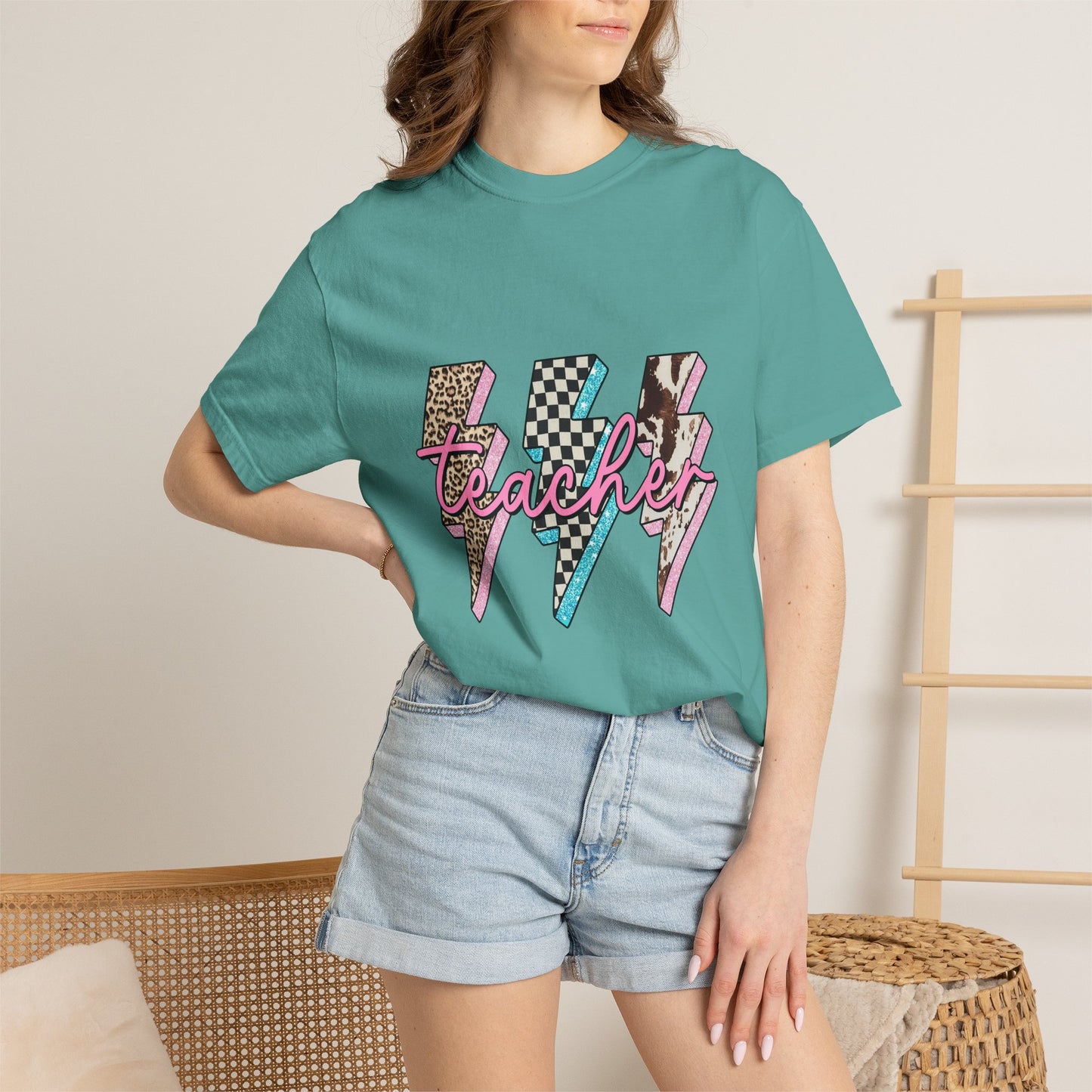 Teacher Lightning Bolt Graphic Tee — Retro Pink Patterned "Teacher" Design