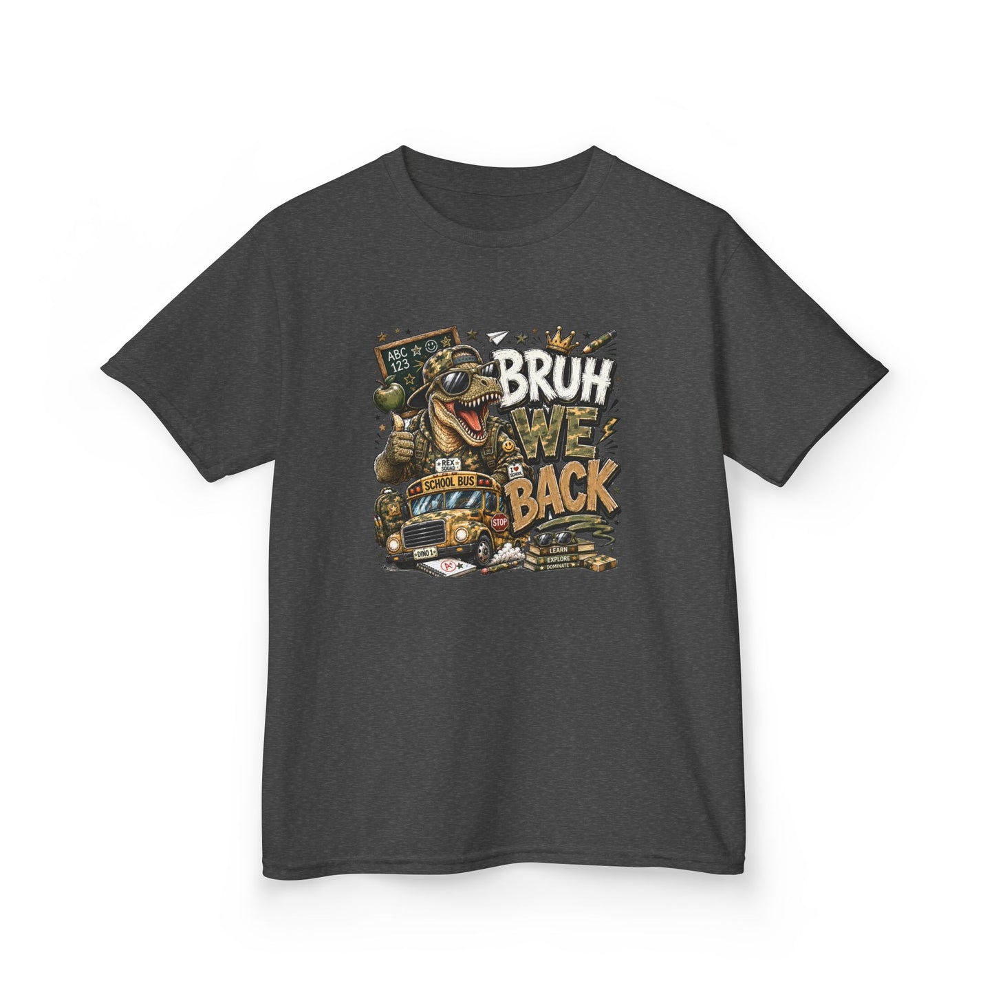 Kids Graphic Tee — "Bruh We Back" T- Rex Vintage Skate Dinosaur Crew Shirt