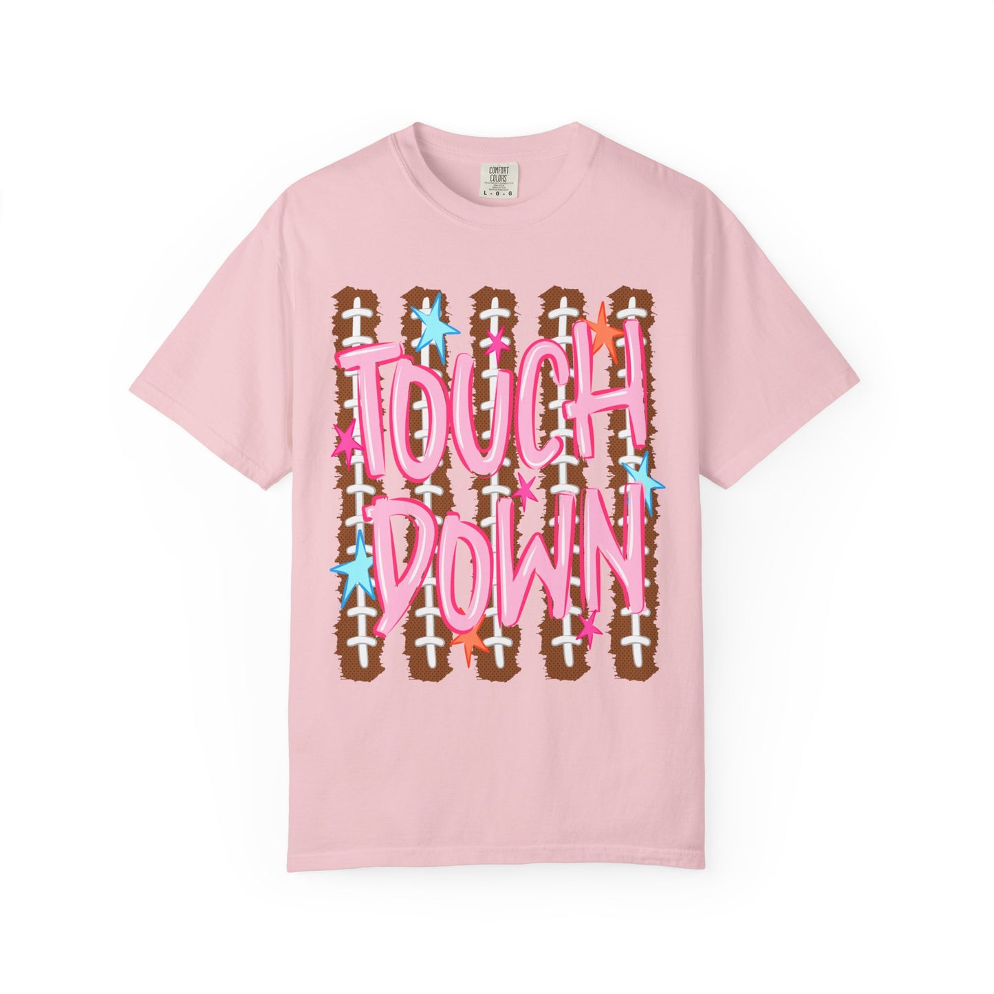 Touchdown Football Tee — Pink Script on Football Stitch Background