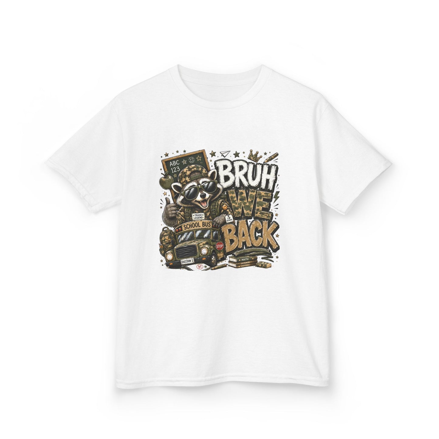 Kids Tee — "Bruh We Back" Cartoon Raccoon School Bus Graphic