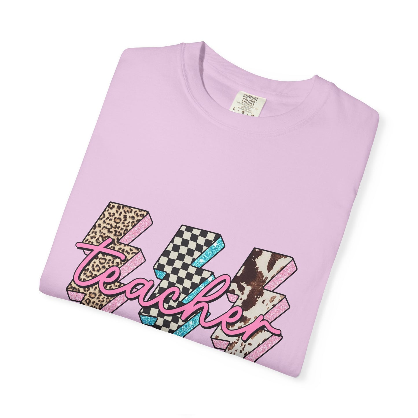 Teacher Lightning Bolt Graphic Tee — Retro Pink Patterned "Teacher" Design