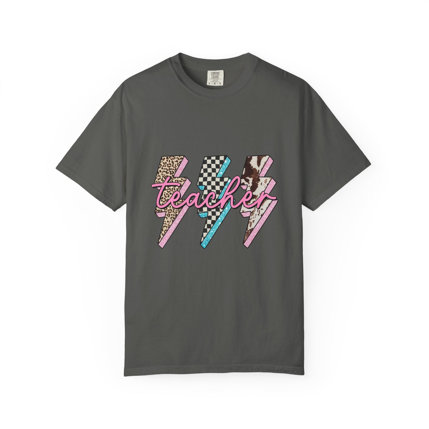 Teacher Lightning Bolt Graphic Tee — Retro Pink Patterned "Teacher" Design