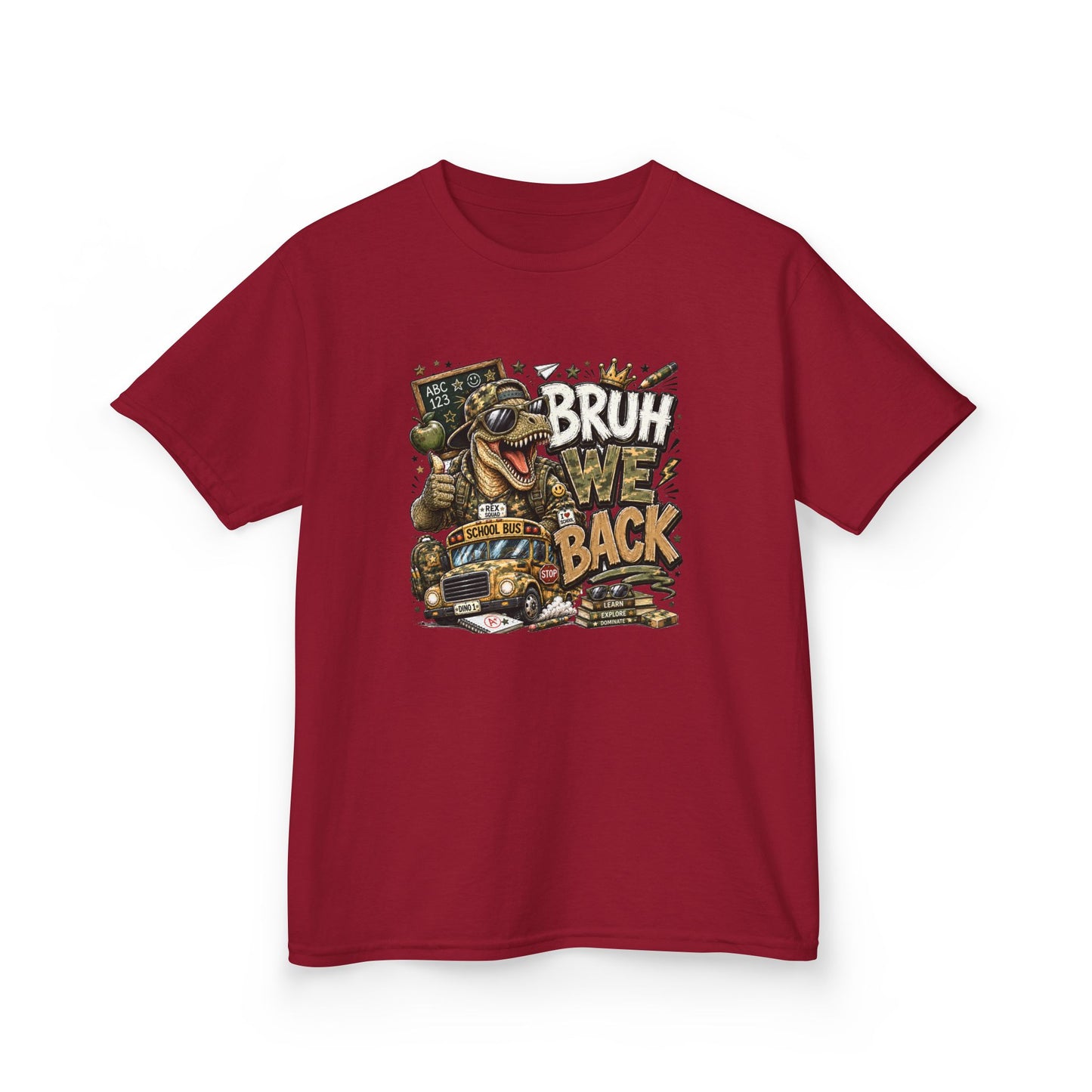 Kids Graphic Tee — "Bruh We Back" T- Rex Vintage Skate Dinosaur Crew Shirt