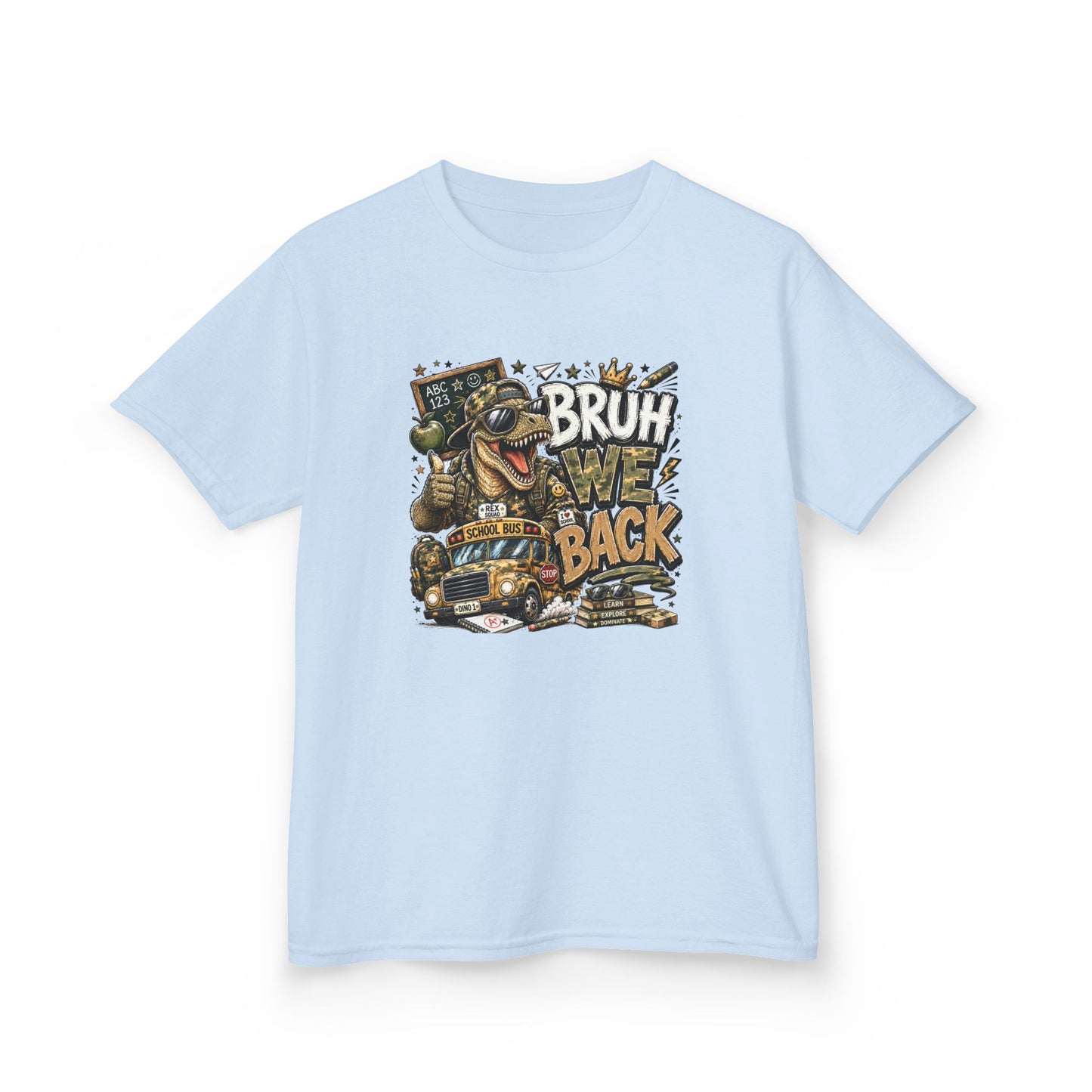 Kids Graphic Tee — "Bruh We Back" T- Rex Vintage Skate Dinosaur Crew Shirt