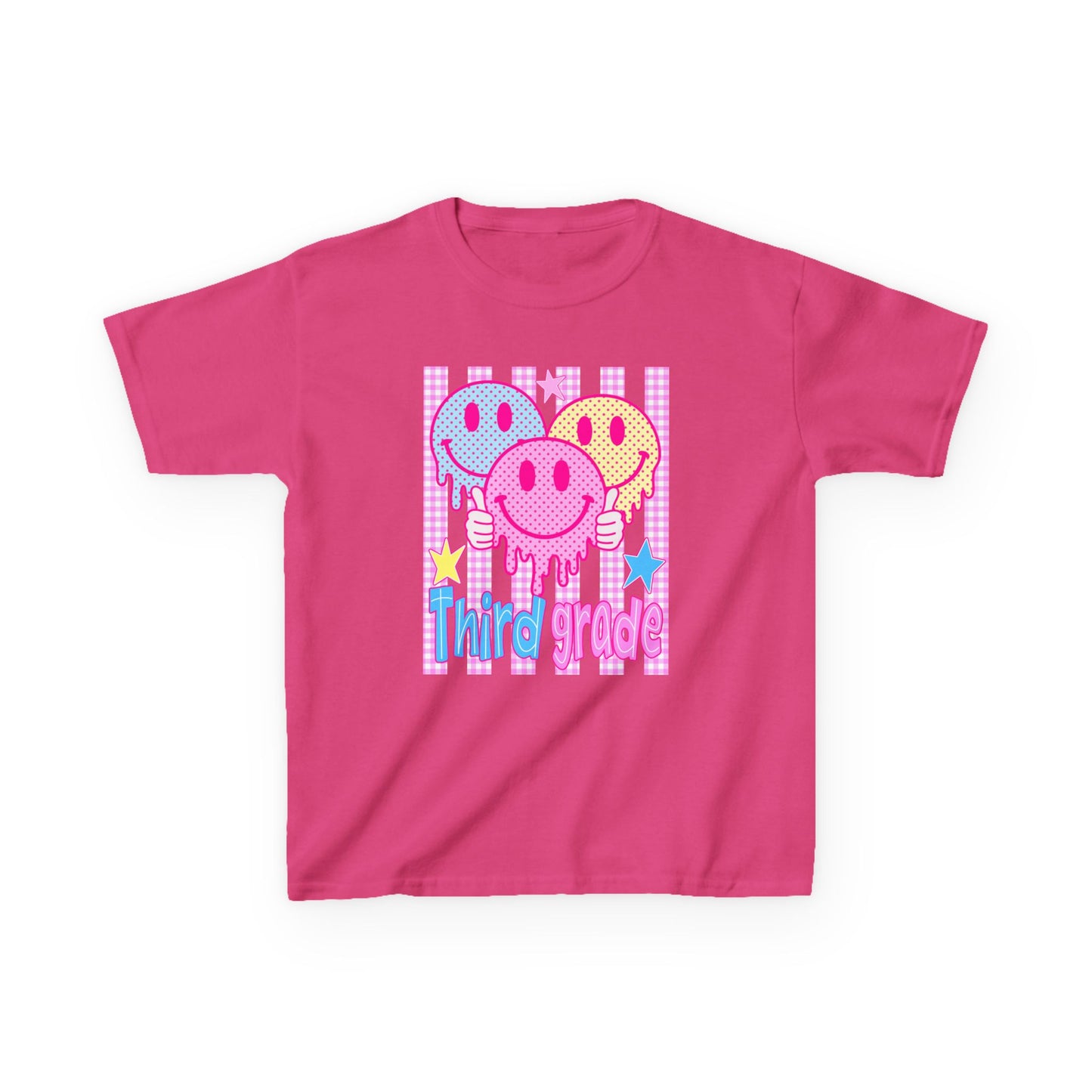 Third Grade Smiley Balloons Kids T‑Shirt — Cute Drippy Neon Design