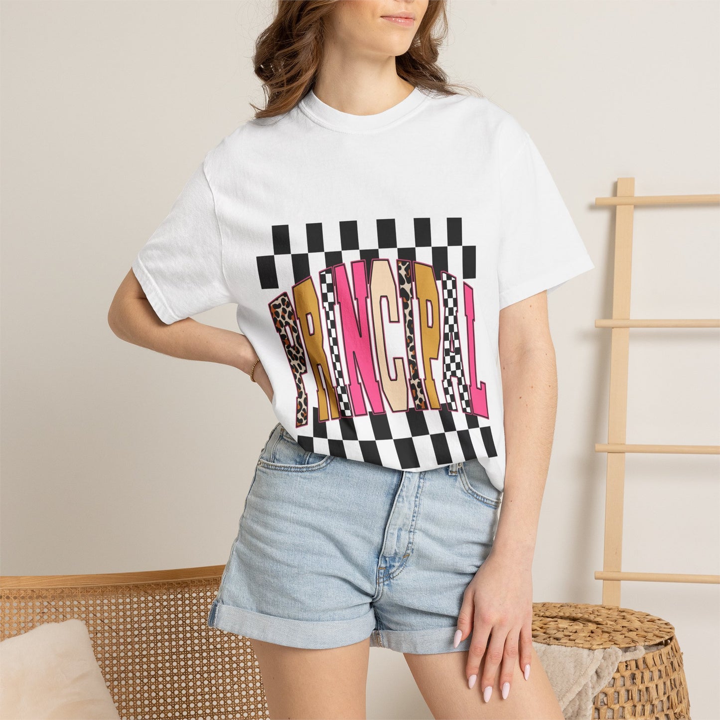 Principal Bow Stripe T‑Shirt — Cute Pink & Navy Teacher Tee