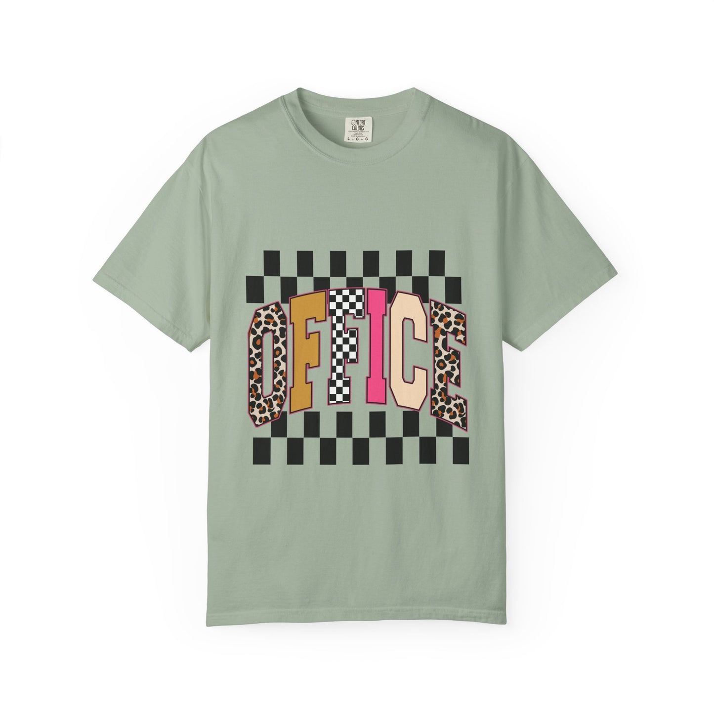 Office Checkerboard Graphic T-Shirt — Colorful Leopard & Retro Lettering