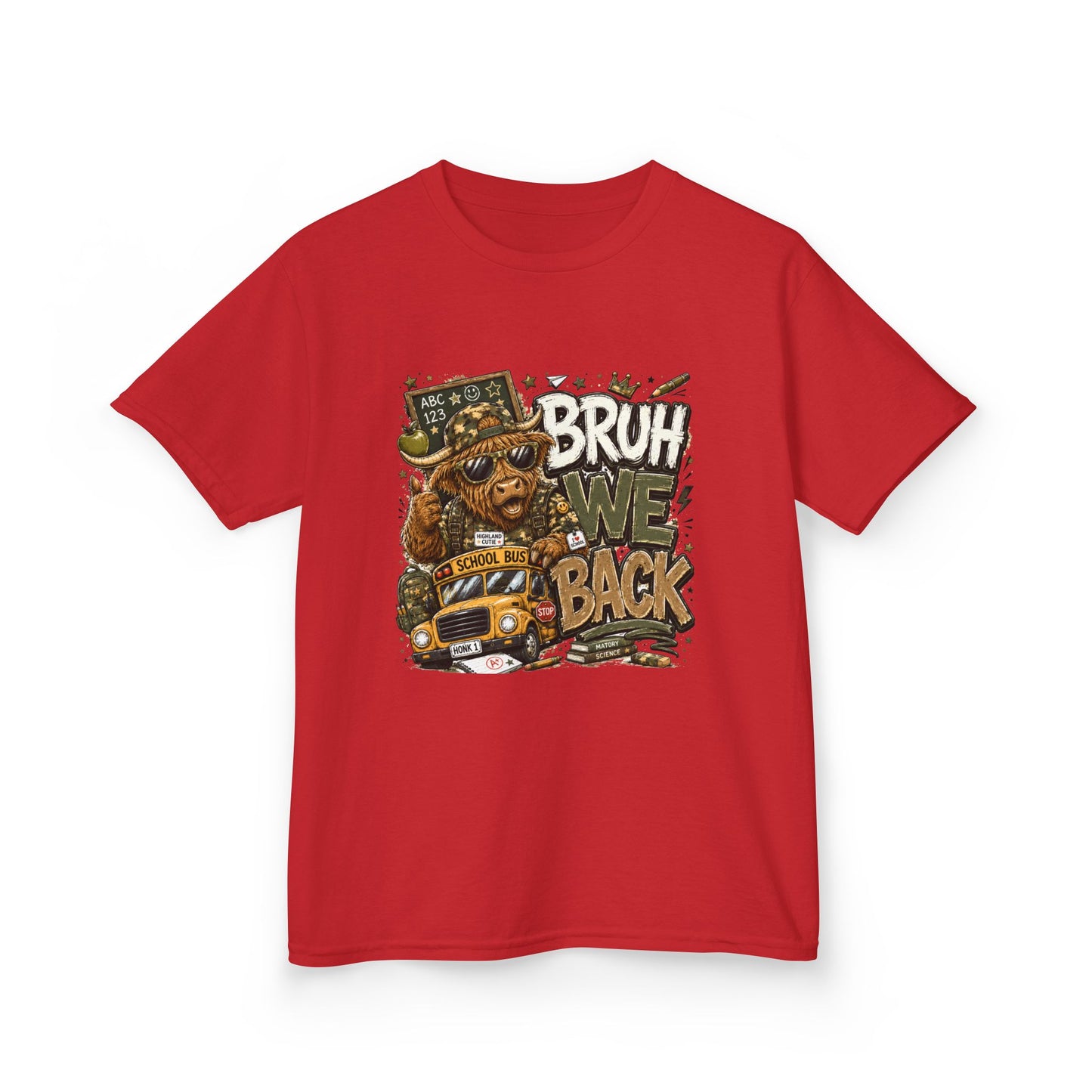 Kids Tee — 'Bruh We Back' Highland Cow Graphic