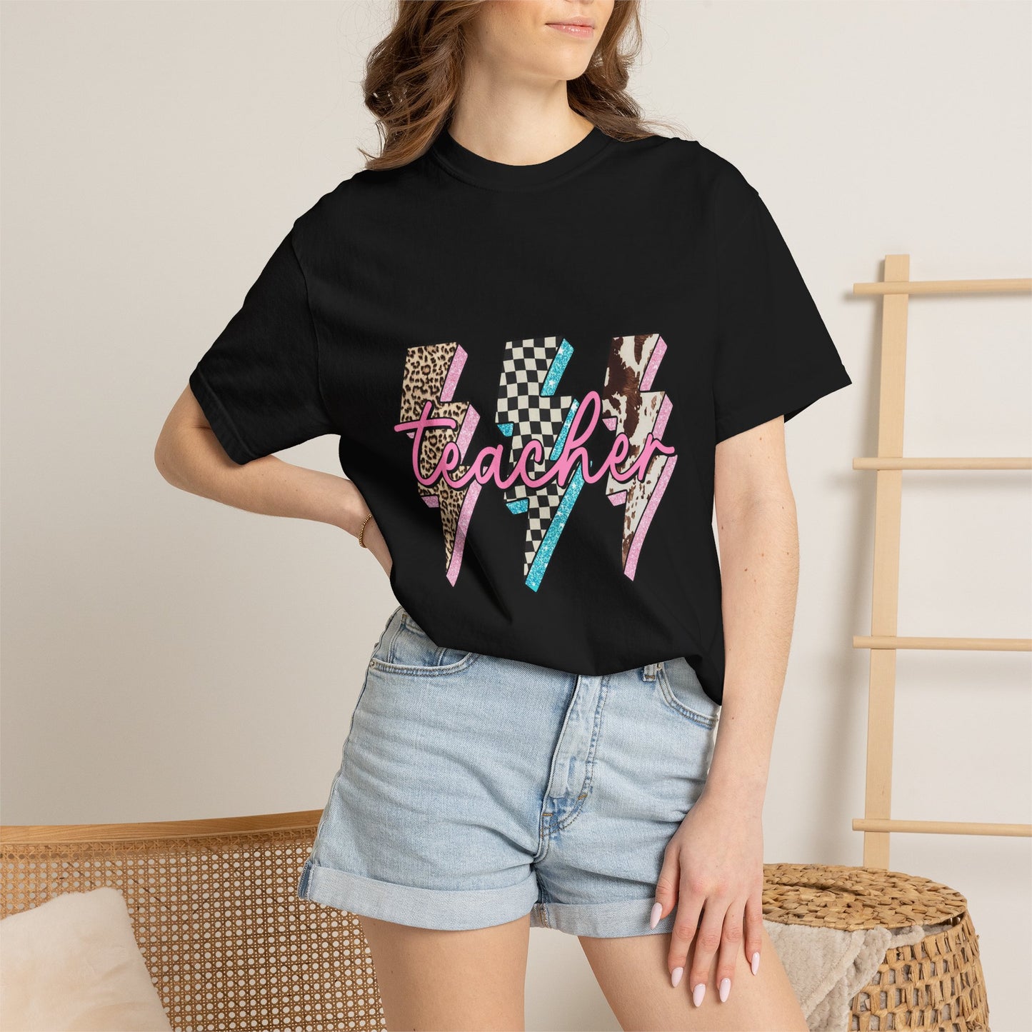 Teacher Lightning Bolt Graphic Tee — Retro Pink Patterned "Teacher" Design
