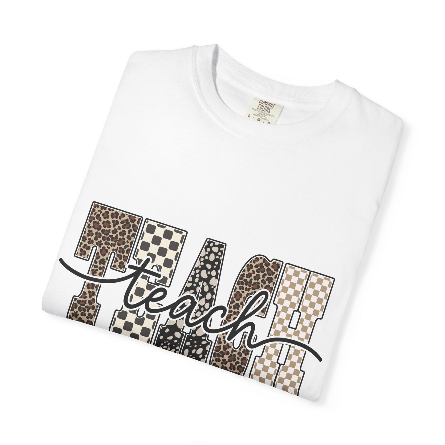 Teacher Graphic T-Shirt — Leopard & Checkerboard "Teach" Design