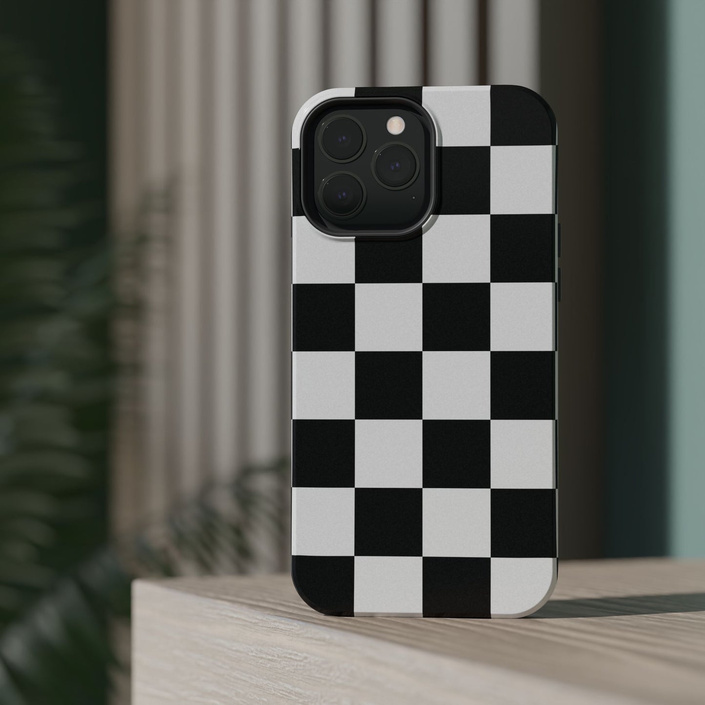 Black & White Checkered Magnetic Impact Phone Case — Shockproof, Wireless Charging Compatible