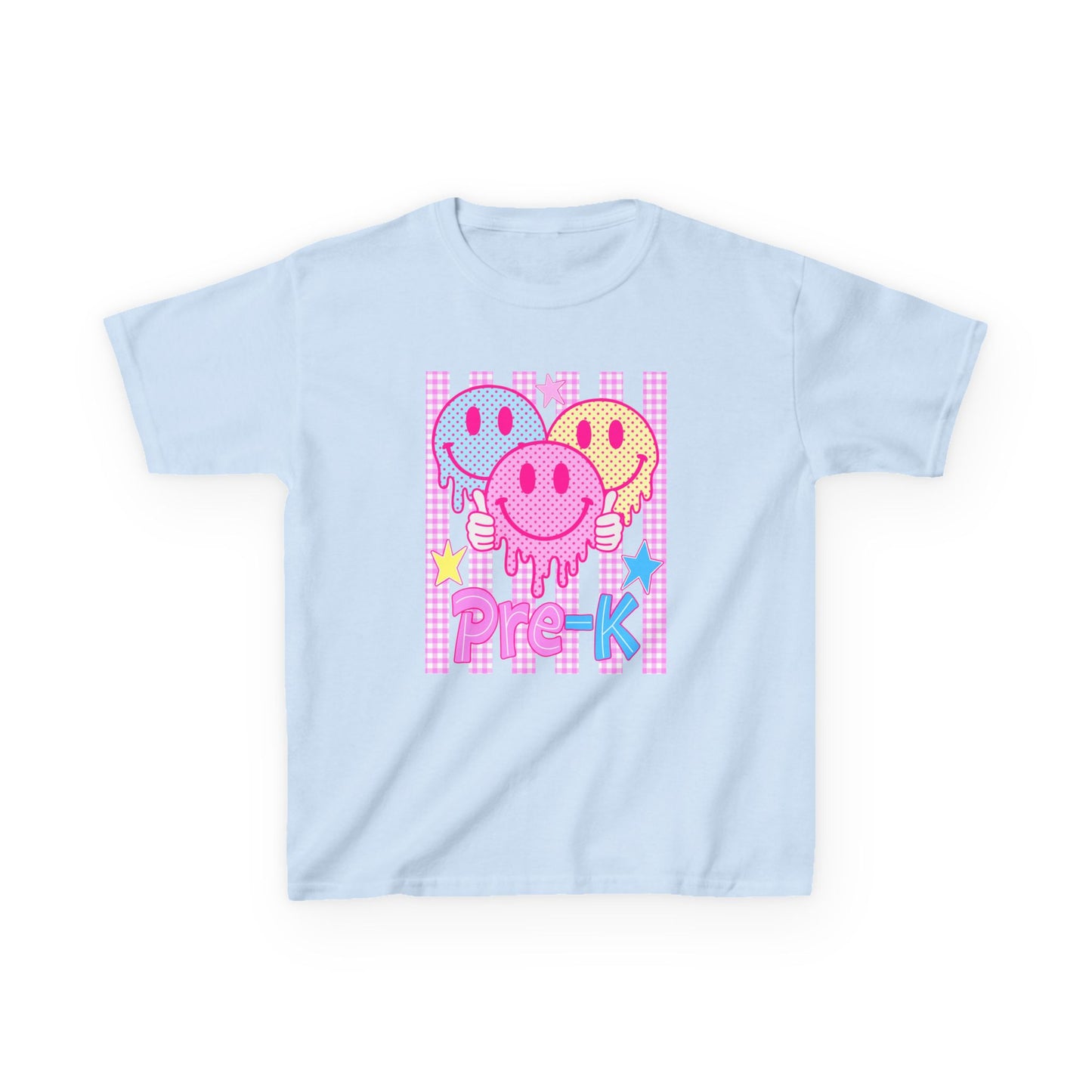 Pre-K Smiley Faces Kids T-Shirt — Cute Drip Neon Preschool Tee