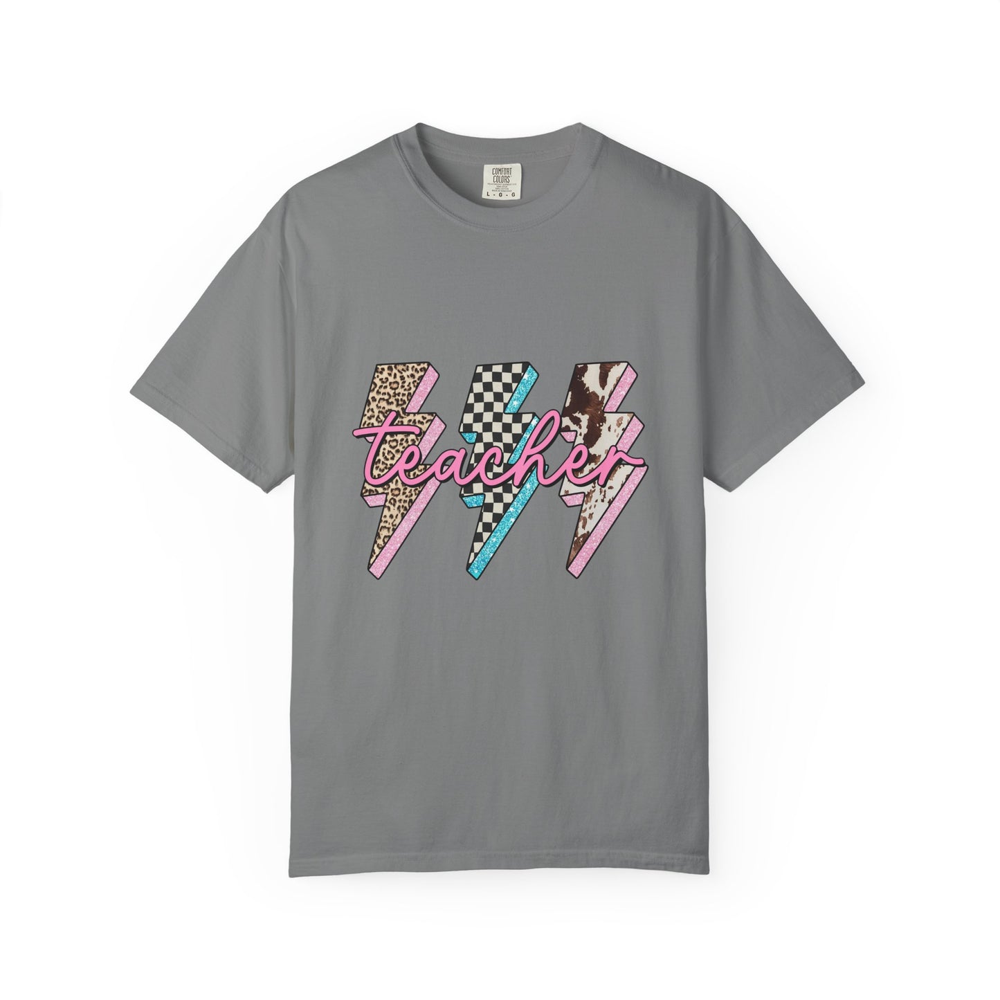 Teacher Lightning Bolt Graphic Tee — Retro Pink Patterned "Teacher" Design