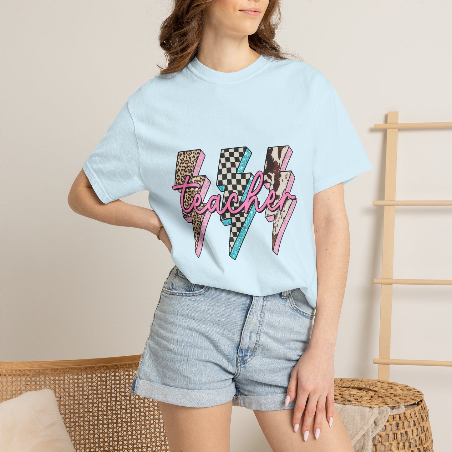 Teacher Lightning Bolt Graphic Tee — Retro Pink Patterned "Teacher" Design