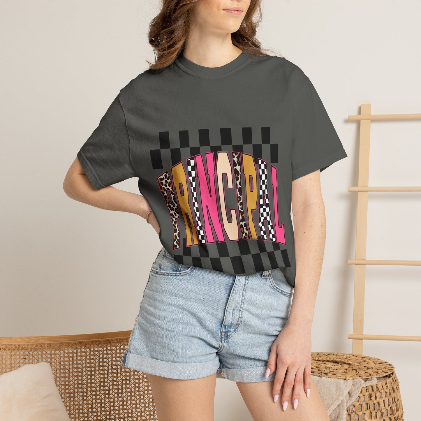 Principal Bow Stripe T‑Shirt — Cute Pink & Navy Teacher Tee