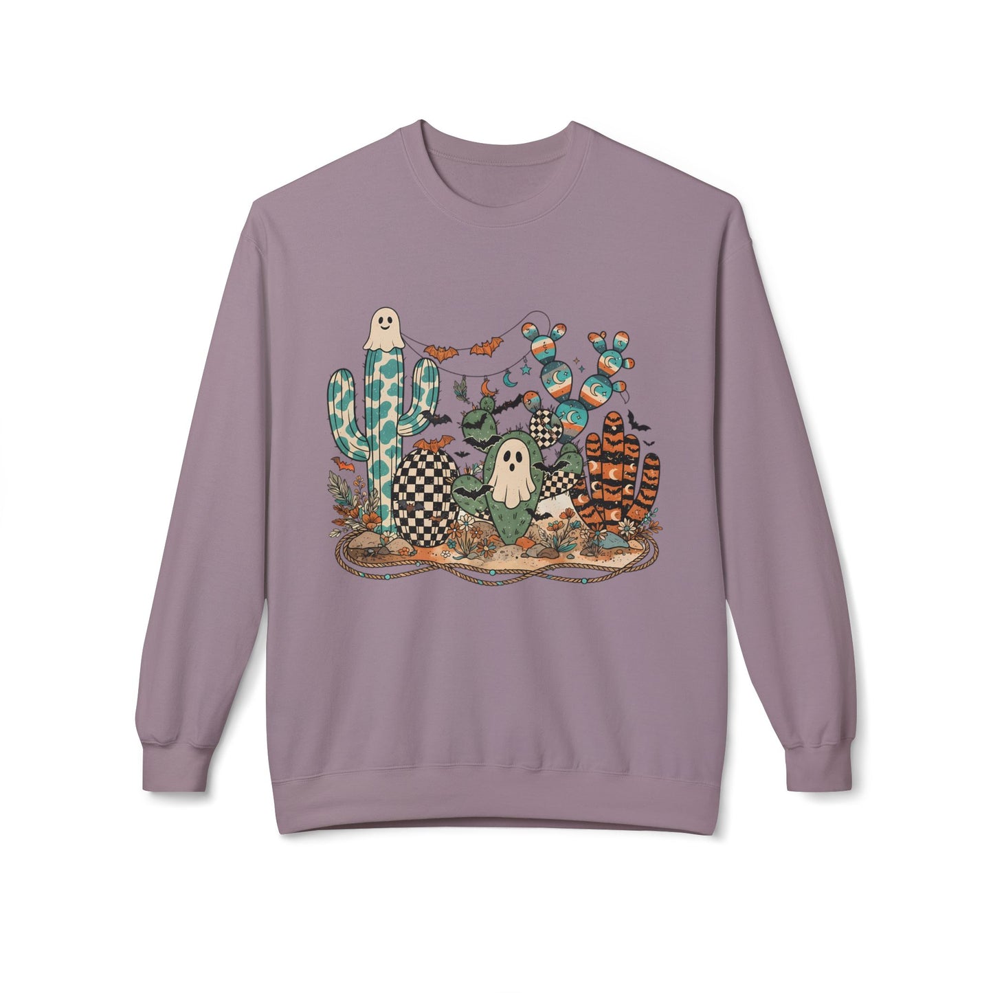 Halloween Cactus Crewneck Sweatshirt — Cute Ghosts & Desert Plants Graphic