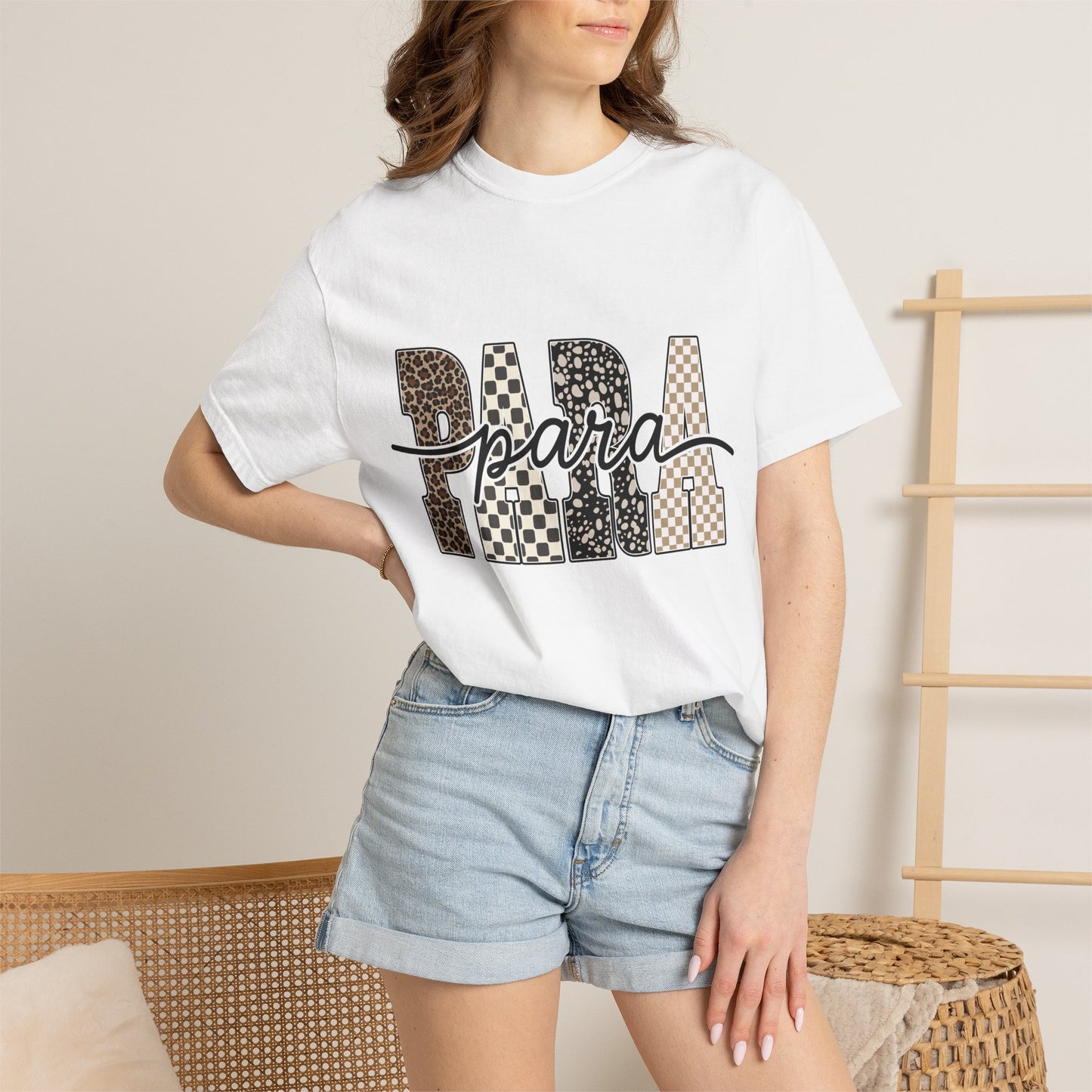 Para T-Shirt — Leopard & Checker Block Letter Graphic Tee