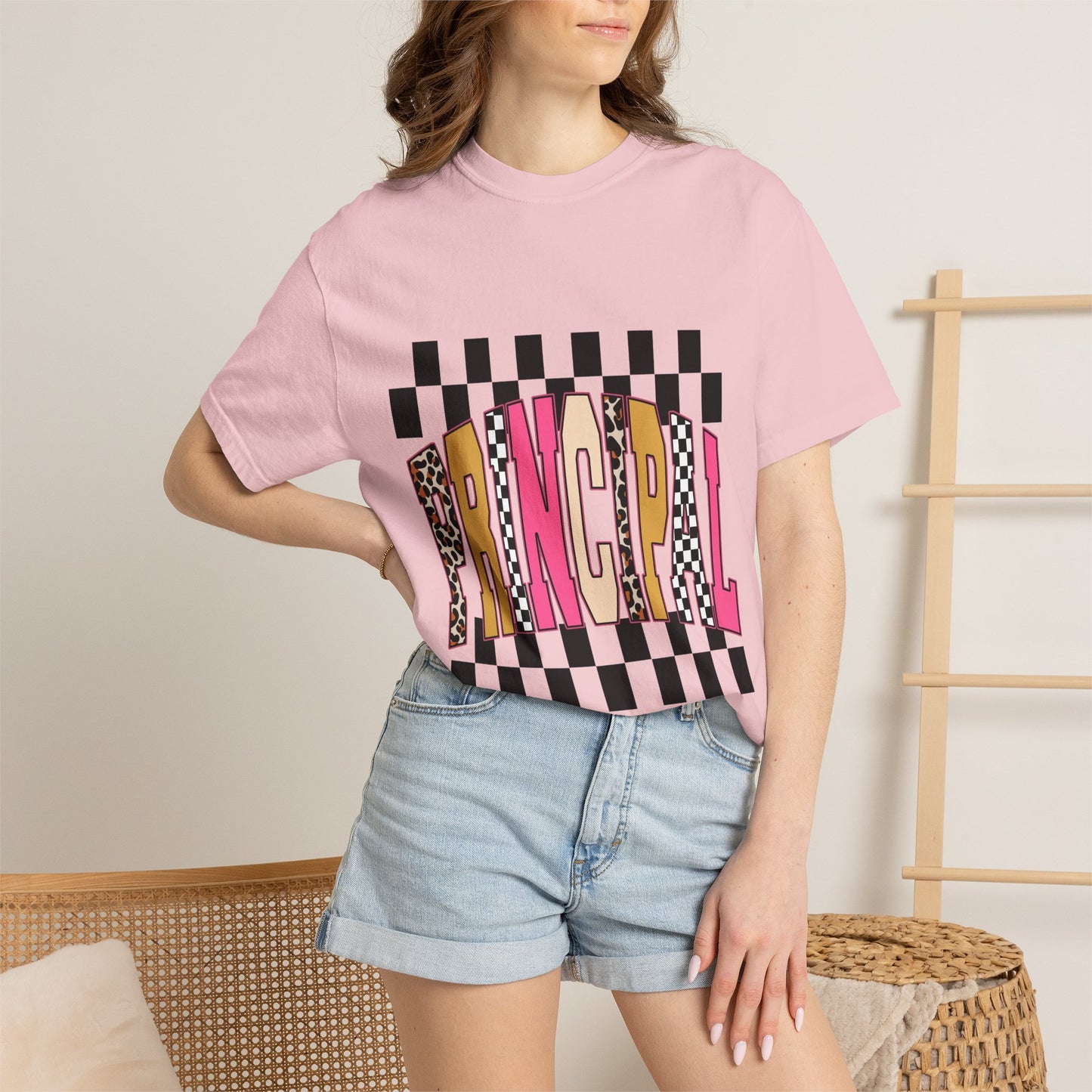 Principal Bow Stripe T‑Shirt — Cute Pink & Navy Teacher Tee