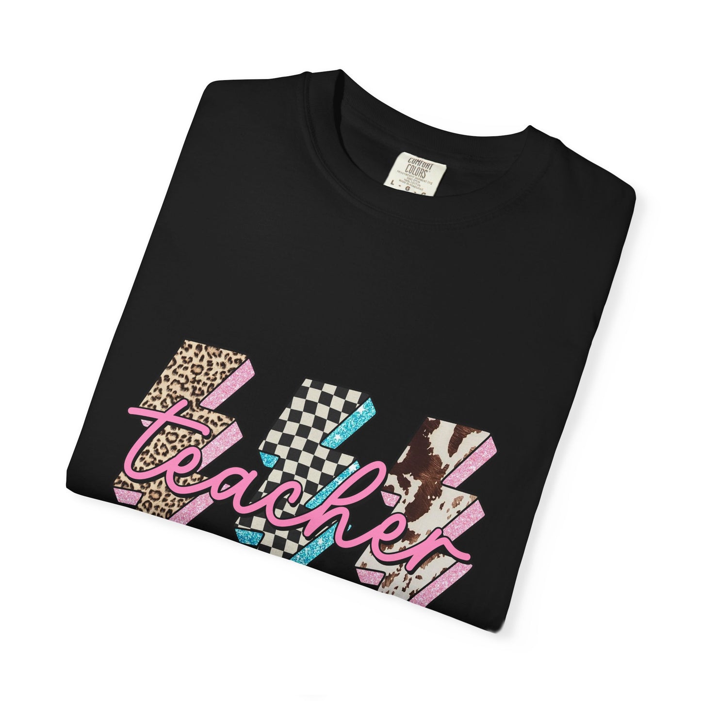 Teacher Lightning Bolt Graphic Tee — Retro Pink Patterned "Teacher" Design