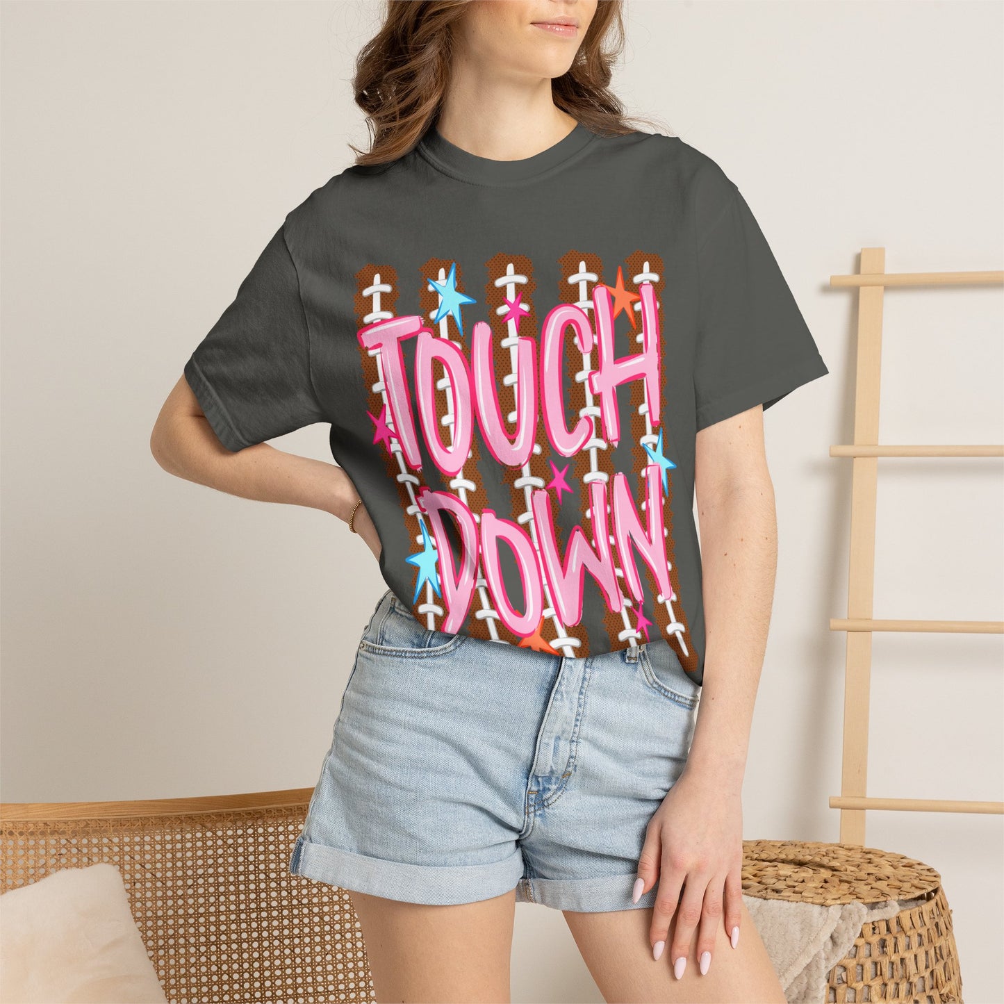 Touchdown Football Tee — Pink Script on Football Stitch Background
