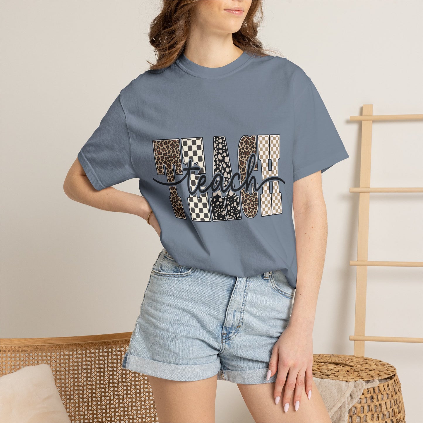 Teacher Graphic T-Shirt — Leopard & Checkerboard "Teach" Design