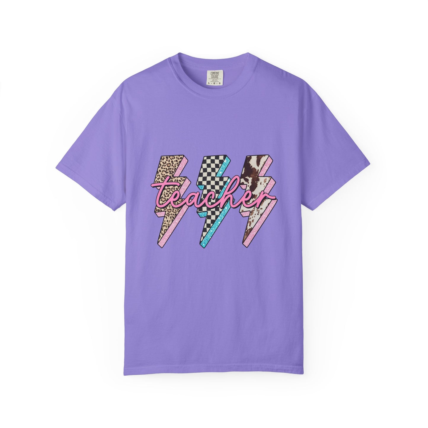Teacher Lightning Bolt Graphic Tee — Retro Pink Patterned "Teacher" Design