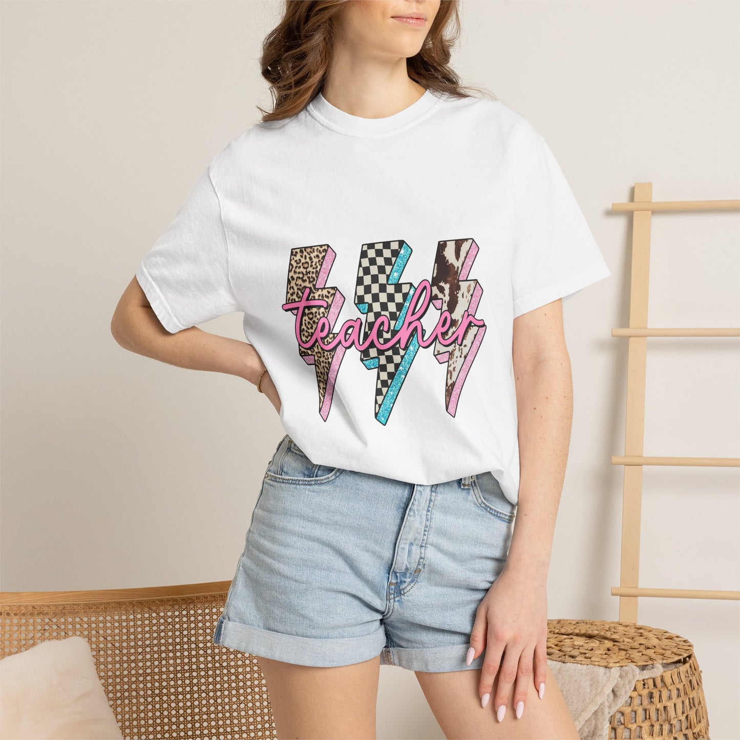 Teacher Lightning Bolt Graphic Tee — Retro Pink Patterned "Teacher" Design