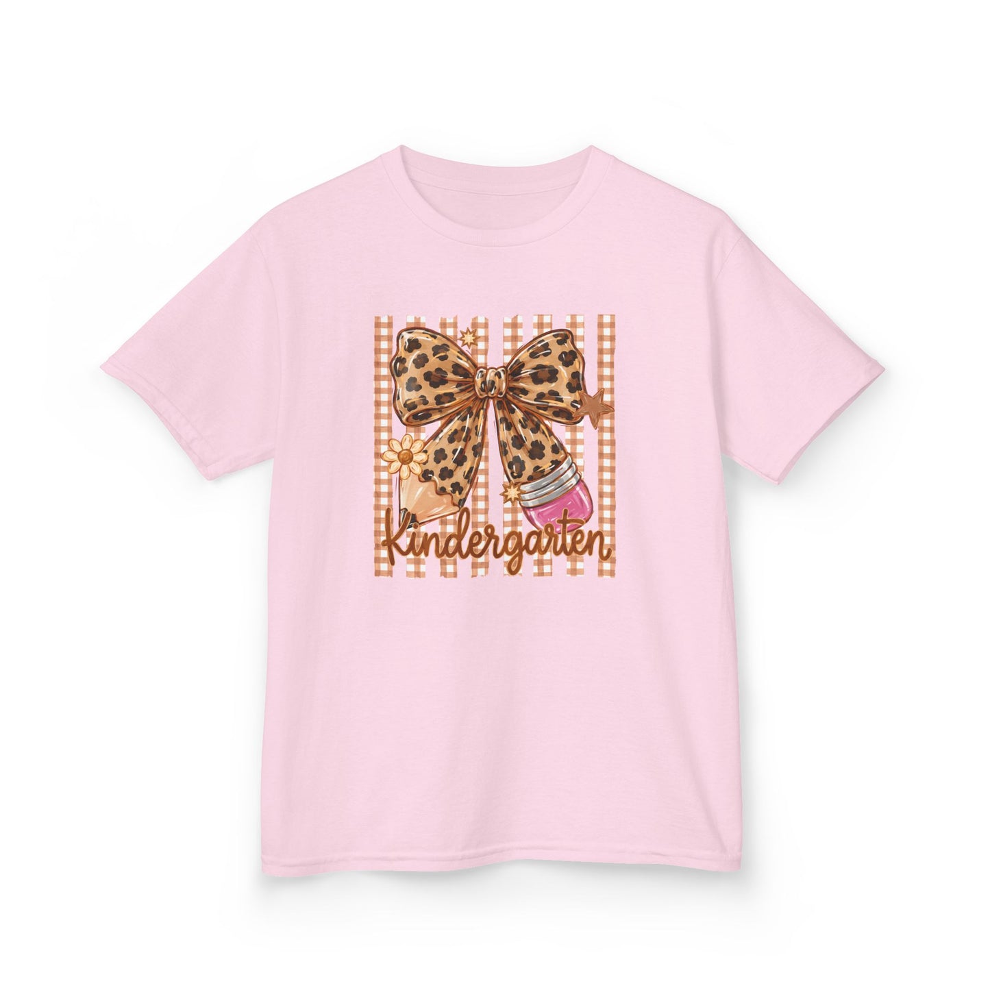Kindergarten Leopard Bow Kids T-Shirt — Back-to-School Cute Girl Tee