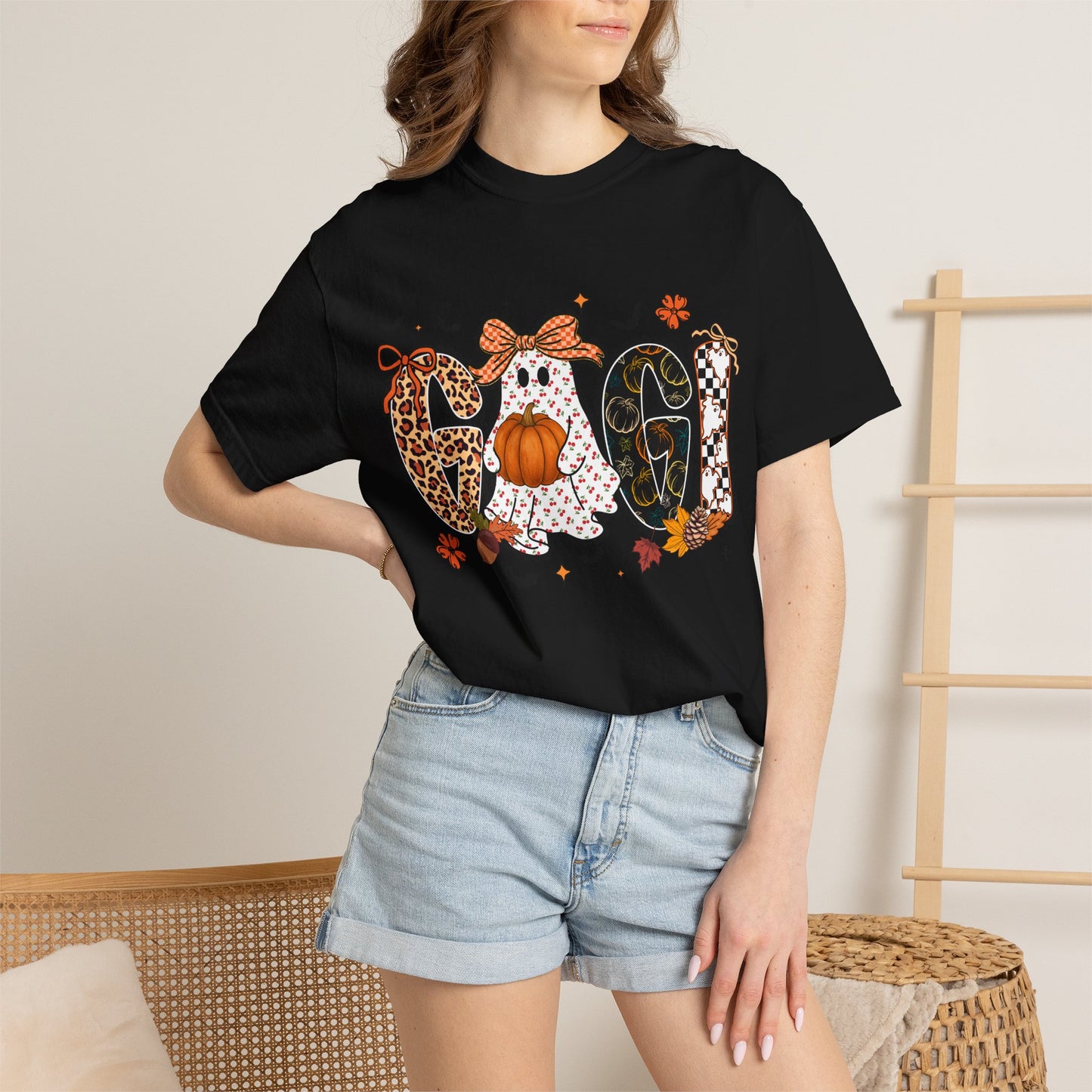 Halloween "Gigi" T-Shirt — Pumpkin, Leopard & Mask Fall Tee