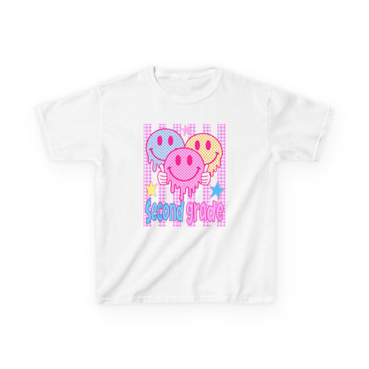 Second Grade Smiles Kids T‑Shirt — Colorful Drip Smiley Graphic for Back to School