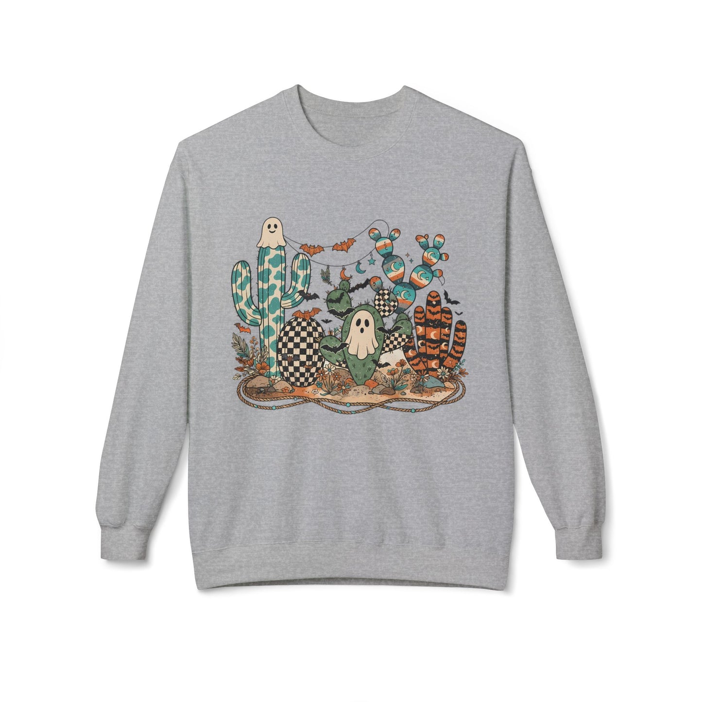 Halloween Cactus Crewneck Sweatshirt — Cute Ghosts & Desert Plants Graphic