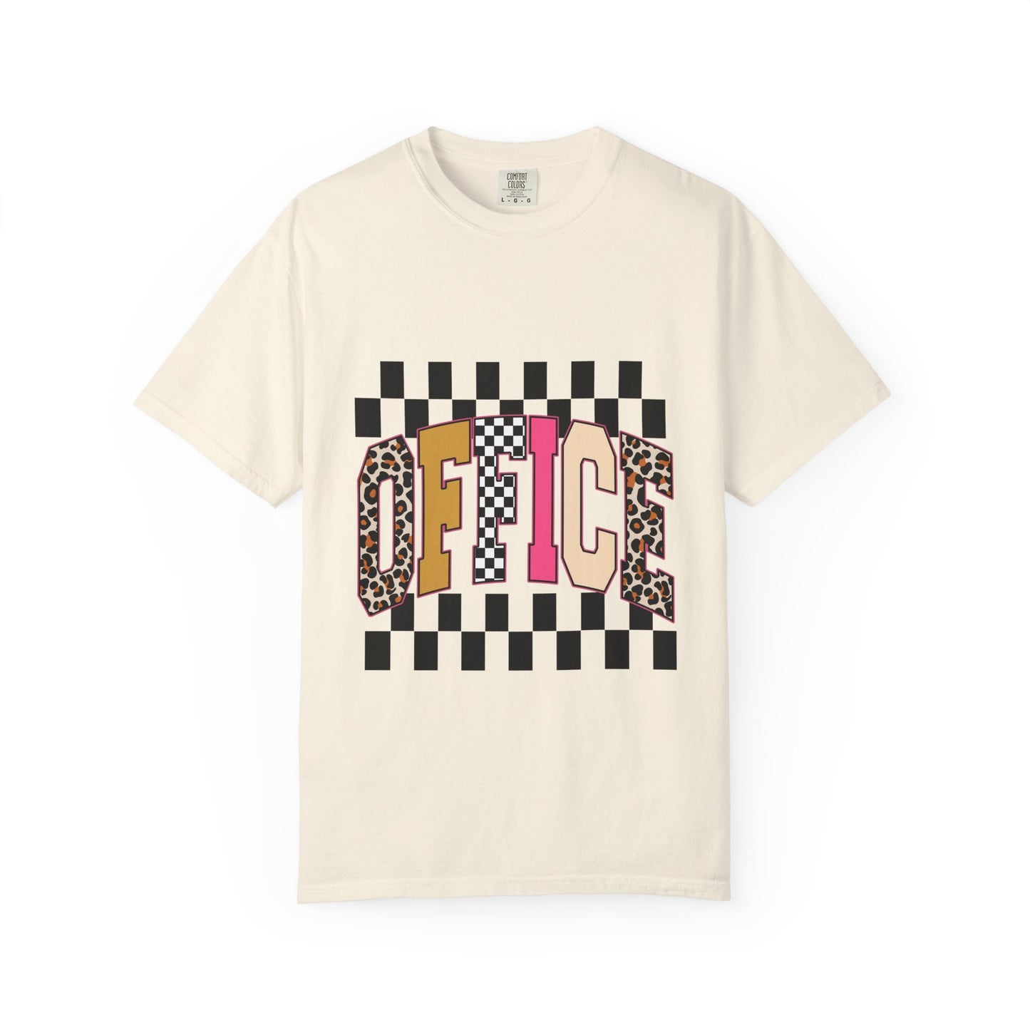 Office Checkerboard Graphic T-Shirt — Colorful Leopard & Retro Lettering