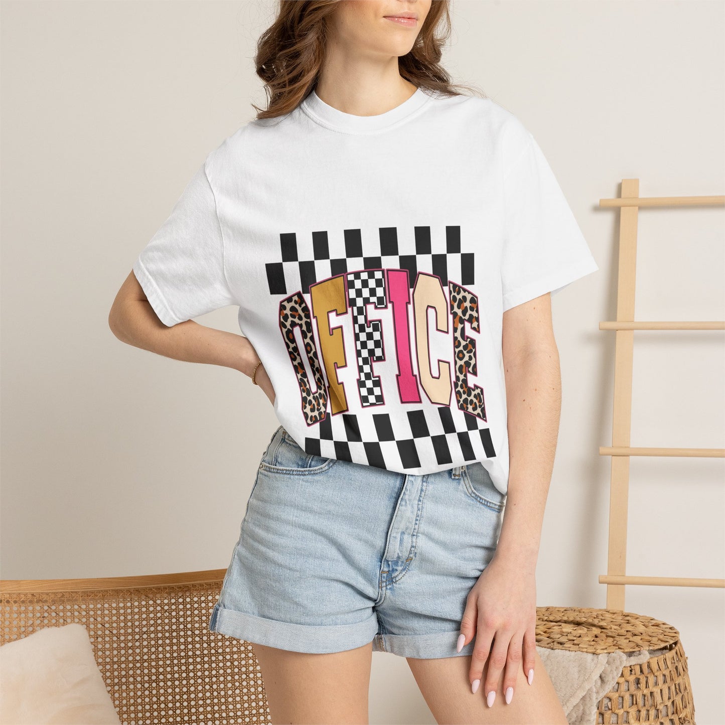 Office Checkerboard Graphic T-Shirt — Colorful Leopard & Retro Lettering