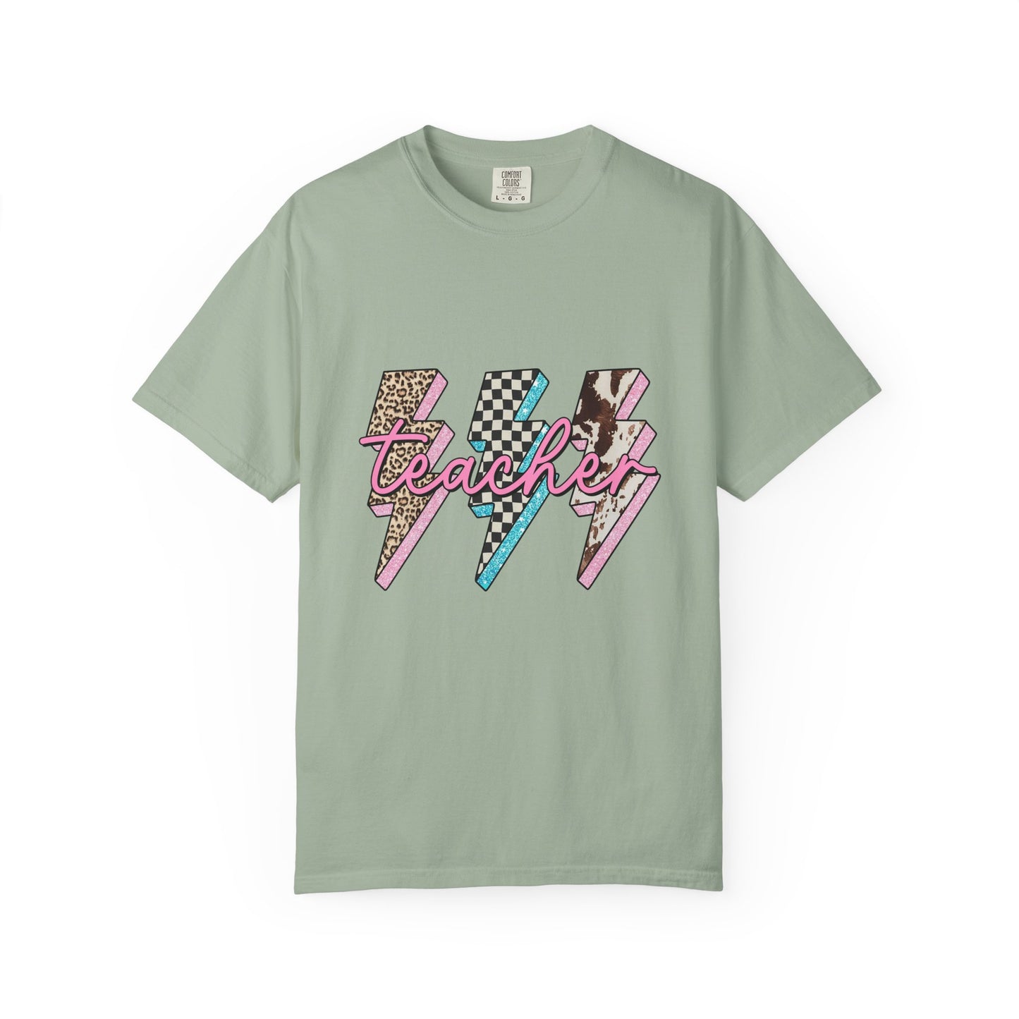 Teacher Lightning Bolt Graphic Tee — Retro Pink Patterned "Teacher" Design