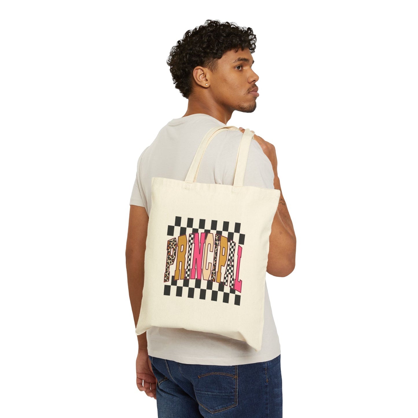 Principal Checkerboard Canvas Tote Bag — Bold Leopard & Pink Lettering