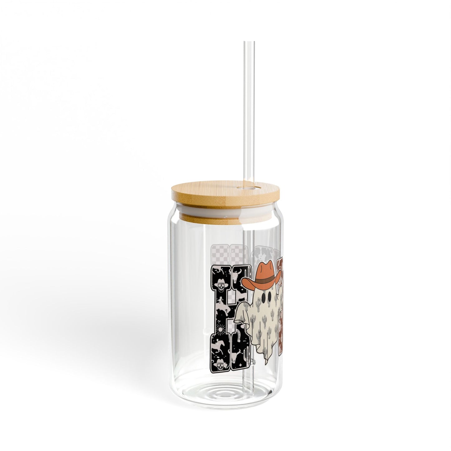 Cowboy Ghost Sipper Glass — 16oz Rustic Western Drink Jar with Straw