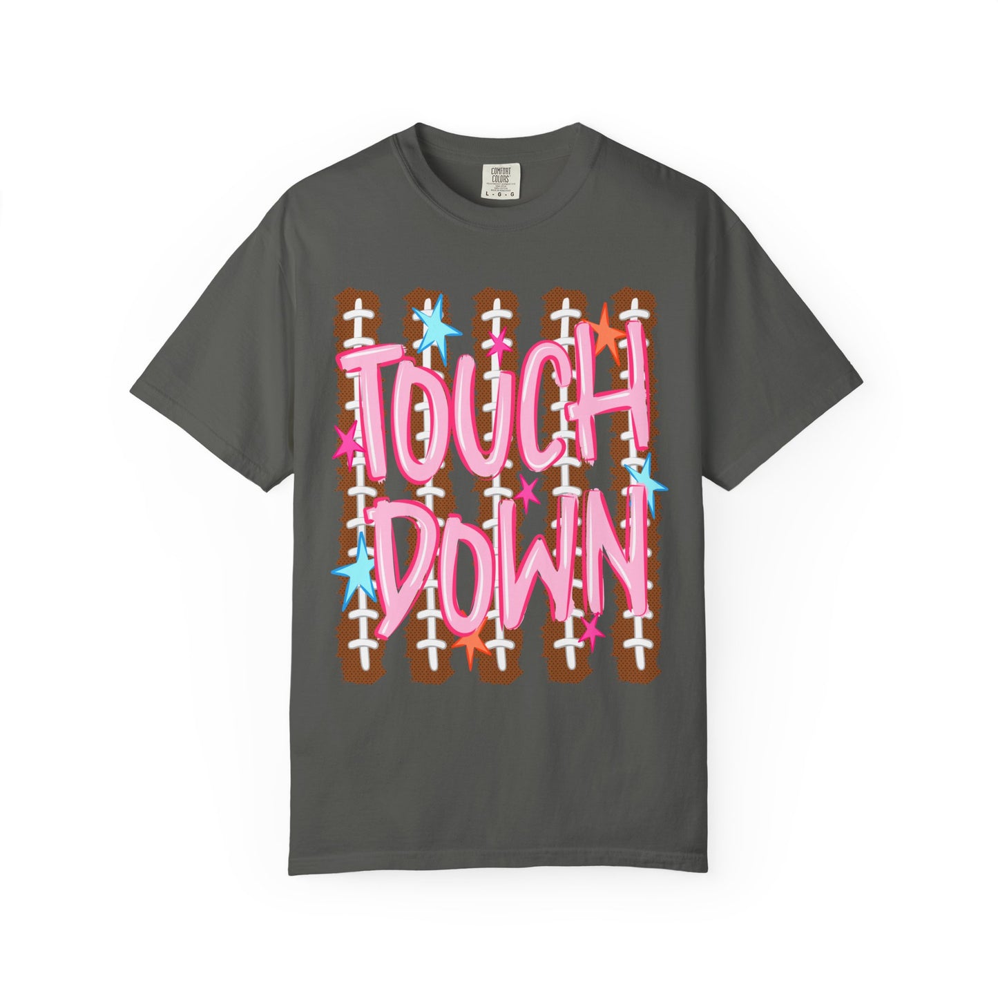 Touchdown Football Tee — Pink Script on Football Stitch Background