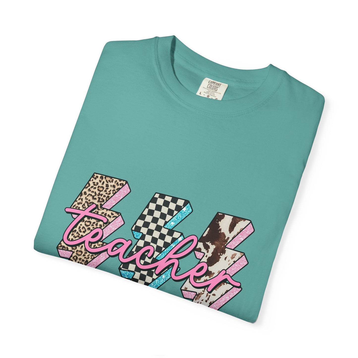 Teacher Lightning Bolt Graphic Tee — Retro Pink Patterned "Teacher" Design