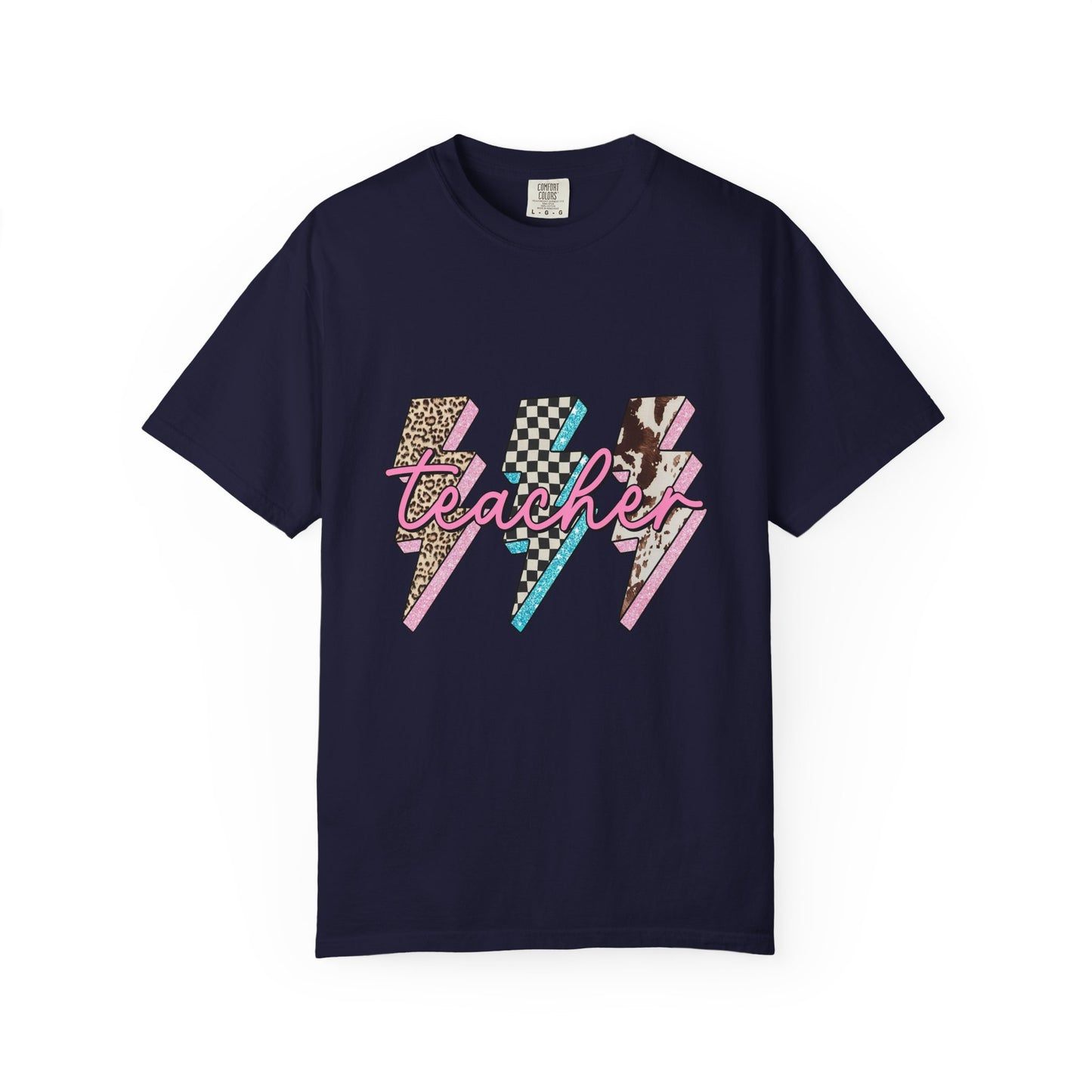 Teacher Lightning Bolt Graphic Tee — Retro Pink Patterned "Teacher" Design