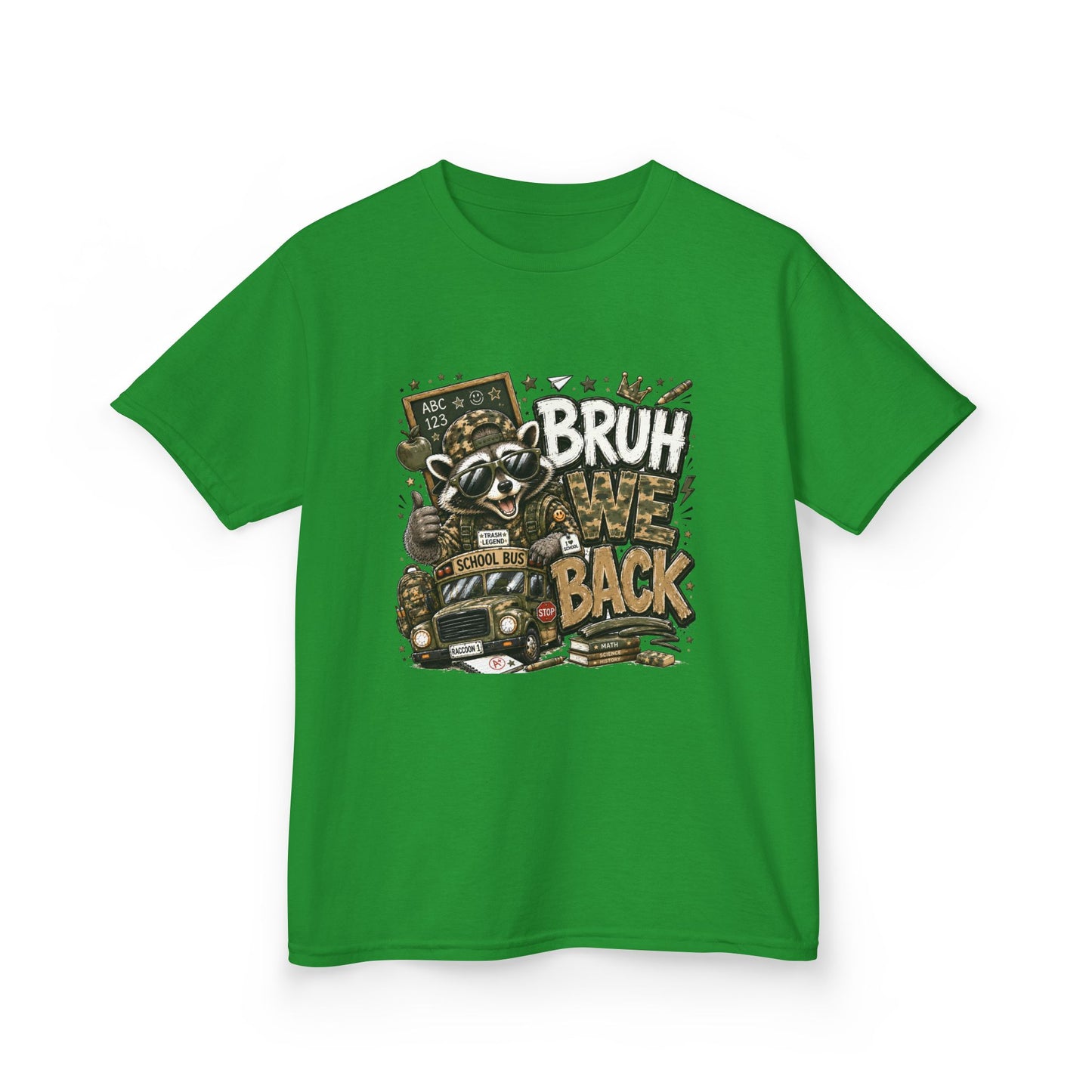 Kids Tee — "Bruh We Back" Cartoon Raccoon School Bus Graphic